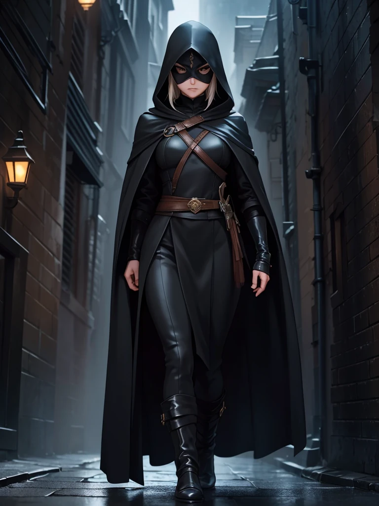 "Create a detailed image of a stealthy assassin in a dark, narrow alleyway. The assassin wears a sleek, black hooded cloak that blends into the shadows, with a mask covering their lower face. Their eyes are sharp and focused, reflecting a cold determination. The assassin holds a pair of curved daggers, glinting faintly in the dim light. The environment is gritty, with wet cobblestones and distant lanterns casting a faint glow. The atmosphere is tense, as if the assassin is moments away from striking their target. The background hints at an ancient city, with towering buildings and intricate details that add depth to the scene."