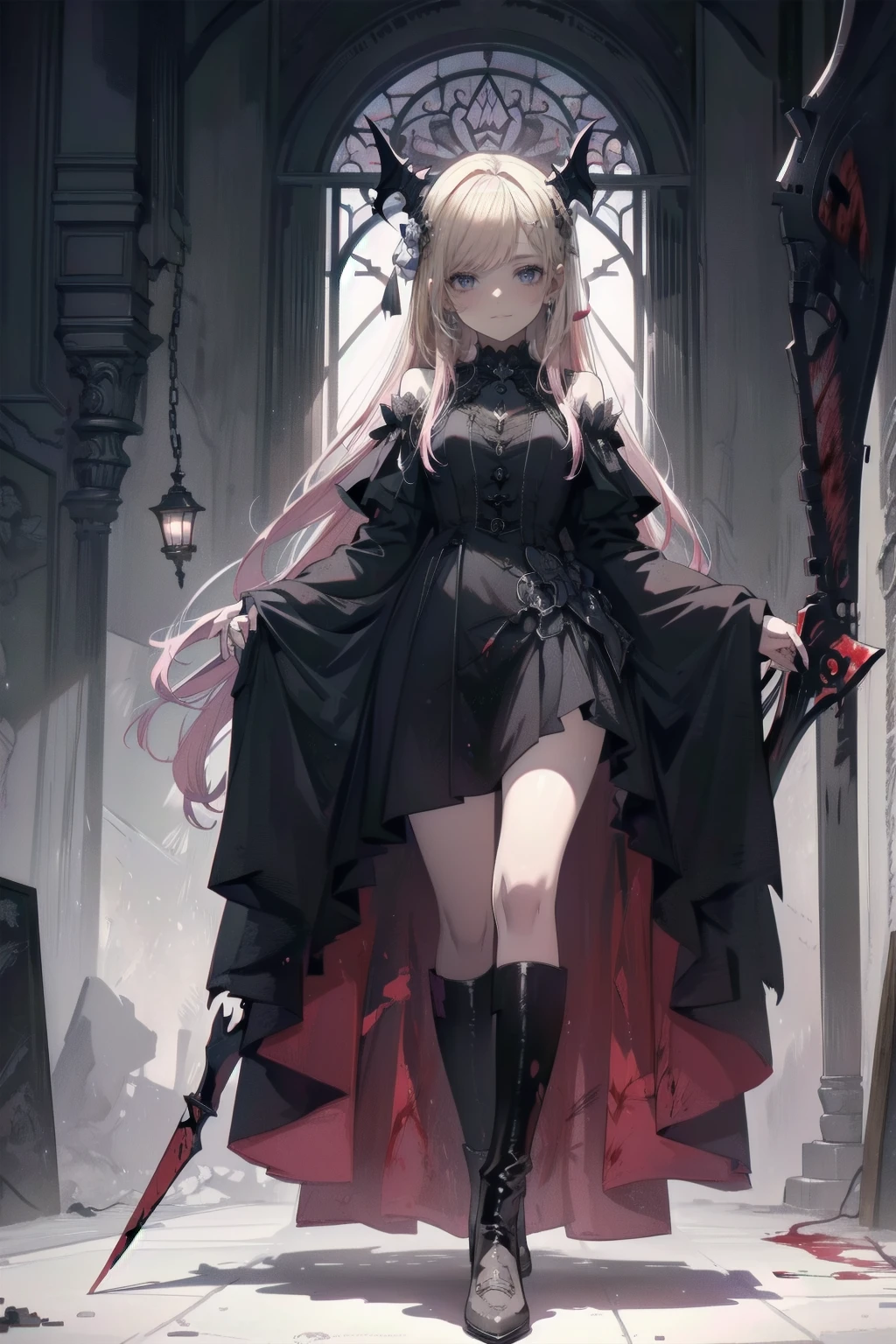 Shadowed face　、beautiful girl、とてもcute天使、Pink T-shirt、cute、Baby Face、smile、Long skirt、Black long boots、.(Highest quality,4K,High resolution,Masterpiece 1.2),Very detailed,Realistic 1.37,Spooky altar background,Dark fantasy,Red color scheme,Ominous atmosphere,Eye-catching,Storytelling,anatomy,Anime Style,Concept Art,beautiful細部までこだわった顔と (((Red eyes ))),A terrifying ritual ,Satanic Ritual,Premature death,inappropriate behavior,クレイジーなsmile,Scythe Face,Girl Monster, beautiful, Delicate facial features, Sharp Eye, Sharp Fangs, pale Skin, Dark Background, Cinema Lighting, Dramatic Shadows, Gothic style, Gloomy atmosphere, Dark fantasy, One person&#39;S, Please open your mouth wide, Open your mouth and baring your teeth,Sharp teeth like a beast, Wide lips, very wide mouth, Vermilion cheeks, ,(Blood splatter1.3),Scary smile, smile,Angel Design, TwiSted smile、Bloody、bleeding from the head,,,,,、Blood splatter、,(Blood splatter1.3),skull,Horror Style, ((Fantasy Sweet Ta Frill Pink Costume)), ((Flowing blonde hair)), ,(Blood splatter1.3),Female curves, Sexy flat stomach, Perfect hands, Perfect anime face, (pink tutu dress)), Are standing, ((邪悪なsmile)), ,(Blood splatter1.3), Steam circulates, Moonlight Illumination, night lighting, (Blood splatter1.3),アニメAngel Design, TwiSted smile、Bloody、bleeding from the head,,,,,、Blood splatter、,(Blood splatter1.3), skull,Gothic architecture、Western architecture、Fantasy World、,Victorian cities, Skeleton Gas Light,Absurd, High resolution、 ((Tabletop)), ((Highest quality)), (Very detailedな), ((Very detailed)), (beautiful), ((cute)), (nfsw1.8), One personで,(1.6)、(world&#39;The most scary and creepy demon girl 1.5)beautiful face、Whole Body Ezbian、pale, beautiful肌、beautiful金の髪、優しくsmileむ、Dark building ruins、(snow white&#39;Ruffled Dresses 1.3)、(暗い廃墟はBloody 1.3)、Low angle full body shot、(少女は血の海の中にAre standing1.2)、(The ground is .3)、(The girl lost a lot of blood.....1.3)、(クレイジーなsmile1.6)、Spirits、(Blood dripping from the mouth 1.3)、
