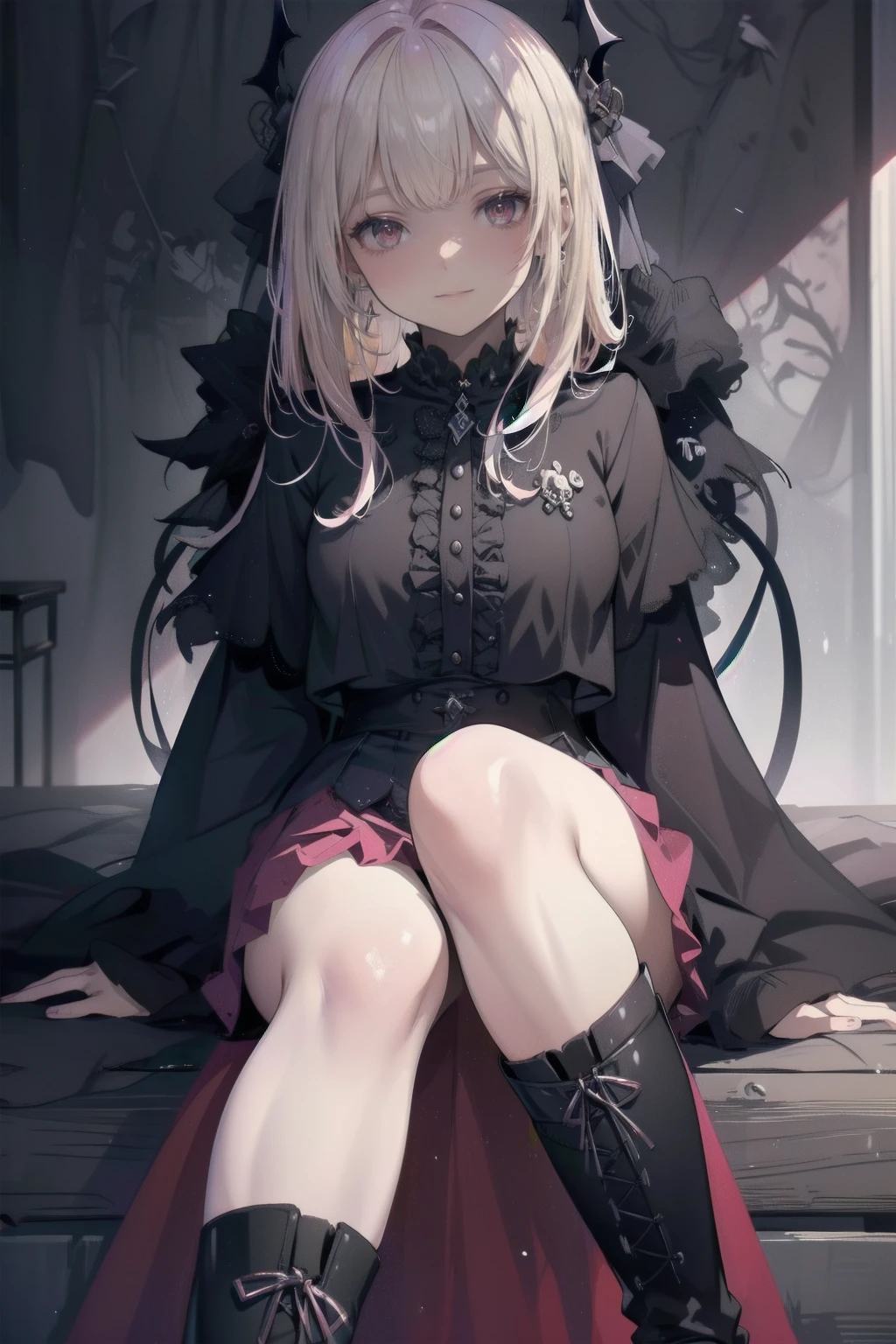 Shadowed face　、beautiful girl、とてもcute天使、Pink T-shirt、cute、、smile、Long skirt、Black long boots、.(Highest quality,4K,High resolution,Masterpiece 1.2),Very detailed,Realistic 1.37,Spooky altar background,Dark fantasy,Red color scheme,Ominous atmosphere,Eye-catching,Storytelling,anatomy,Anime Style,Concept Art,beautiful細部までこだわった顔と (((Red eyes ))),A terrifying ritual ,Satanic Ritual,Premature death,inappropriate behavior,クレイジーなsmile,Scythe Face,Girl Monster, beautiful, Delicate facial features, Sharp Eye, Sharp Fangs, pale Skin, Dark Background, Cinema Lighting, Dramatic Shadows, Gothic style, Gloomy atmosphere, Dark fantasy, One person&#39;S, Please open your mouth wide, Open your mouth and baring your teeth,Sharp teeth like a beast, Wide lips, very wide mouth, Vermilion cheeks, ,(Blood splatter1.3),Scary smile, smile,Angel Design, TwiSted smile、Bloody、bleeding from the head,,,,,、Blood splatter、,(Blood splatter1.3),skull,Horror Style, ((Fantasy Sweet Ta Frill Pink Costume)), ((Flowing blonde hair)), ,(Blood splatter1.3),Female curves, Sexy flat stomach, Perfect hands, Perfect anime face, (pink tutu dress)), Are standing, ((邪悪なsmile)), ,(Blood splatter1.3), Steam circulates, Moonlight Illumination, night lighting, (Blood splatter1.3),アニメAngel Design, TwiSted smile、Bloody、bleeding from the head,,,,,、Blood splatter、,(Blood splatter1.3), skull,Gothic architecture、Western architecture、Fantasy World、,Victorian cities, Skeleton Gas Light,Absurd, High resolution、 ((Tabletop)), ((Highest quality)), (Very detailedな), ((Very detailed)), (beautiful), ((cute)), (nfsw1.8), One personで,(1.6)、(world&#39;The most scary and creepy demon girl 1.5)beautiful face、Whole Body Ezbian、pale, beautiful肌、beautiful金の髪、優しくsmileむ、Dark building ruins、(snow white&#39;Ruffled Dresses 1.3)、(暗い廃墟はBloody 1.3)、Low angle full body shot、(少女は血の海の中にAre standing1.2)、(The ground is .3)、(The girl lost a lot of blood.....1.3)、(クレイジーなsmile1.6)、Spirits、(Blood dripping from the mouth 1.3)、
