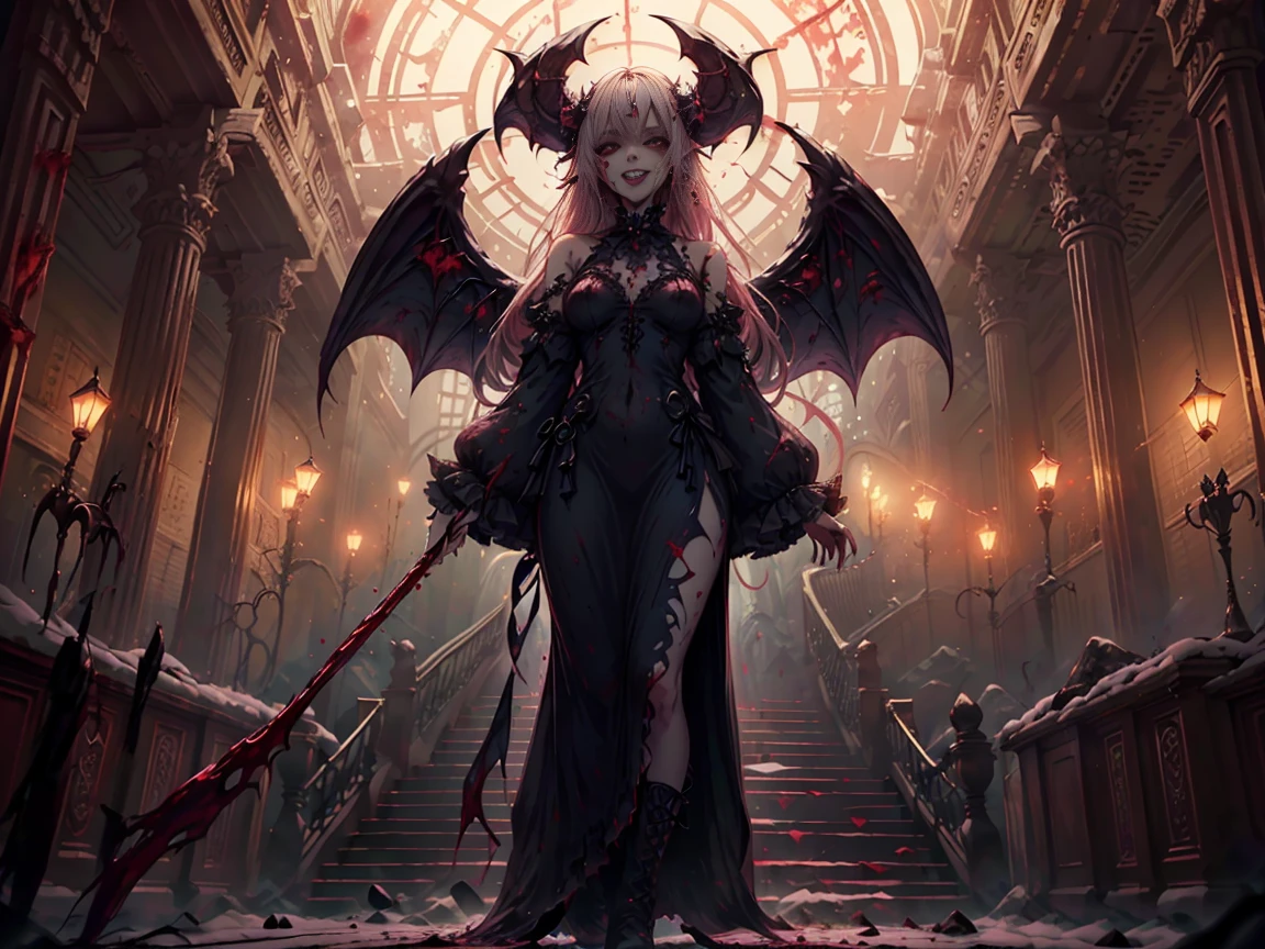 Shaded face　、beautiful girl、Very cute angel、Pink T-Shirt、cute、Baby Face、Smile、Long Skirt、Black long bootS、.(HigheSt quality,4K,High reSolution,MaSterpiece 1.2),Very detailed,RealiStic 1.37,Spooky altar background,Dark fantaSy,Red color Scheme,OminouS atmoSphere,Eye-catching,Storytelling,anatomy,Anime Style,Concept Art,Beautiful detailed face and (((Red eyeS ))),A terrifying ritual ,Satanic Ritual,Premature death,inappropriate behavior,Crazy smile,Scythe Face,Girl Monster, beautiful, Delicate facial featureS, Sharp Eye, Sharp fangs, Pale Skin, Dark Background, Cinema Lighting, Dramatic ShadowS, Gothic Style, Gloomy atmoSphere, Dark fantaSy, one person&#39;S, PleaSe open your mouth wide, Open your mouth and baring your teeth,Sharp teeth like a beaSt, Wide lipS, very wide mouth, Vermilion cheekS, ,(Blood Splatter1.3),Scary Smile, Smile,Angel DeSign, TwiSted Smile、Bloody、bleeding from the head,,,,,、Blood Splatter、,(Blood Splatter1.3),Skull,Horror Style, ((FantaSy Sweet Ta Frill Pink CoStume)), ((Flowing blonde hair)), ,(Blood Splatter1.3),Female curveS, Sexy flat Stomach, Perfect handS, Perfect anime face, (Pink Tata DreSS)), Are Standing, ((Evil smile)), ,(Blood Splatter1.3), Steam circulateS, Moonlight Illumination, night lighting, (Blood Splatter1.3),Anime Angel Design, TwiSted Smile、Bloody、bleeding from the head,,,,,、Blood Splatter、,(Blood Splatter1.3), Skull,Gothic architecture、WeStern architecture、FantaSy World、,Victorian citieS, Skeleton GaS Light,absurdes, High reSolution、 ((Tabletop)), ((HigheSt quality)), (Very detailedな), ((Very detailed)), (beautiful), ((cute)), (nfsw1.8), alone,(1.6)、(world&#39;The moSt terrifying and creepy demon girl 1.5)beautiful face、Whole Body Ezbian、Pale, Beautiful skin、Beautiful golden hair、Smile gently、Dark building ruinS、(Snow white&#39;Frill dreSS 1.3)、(The dark ruinS are Stained with blood 1.3)、Low angle full body Shot、(The girl is standing in a pool of blood1.2)、(The ground iS .3)、(The girl loSt a lot of blood....1.3)、(Crazy smile1.6)、SpiritS、(Blood drippi