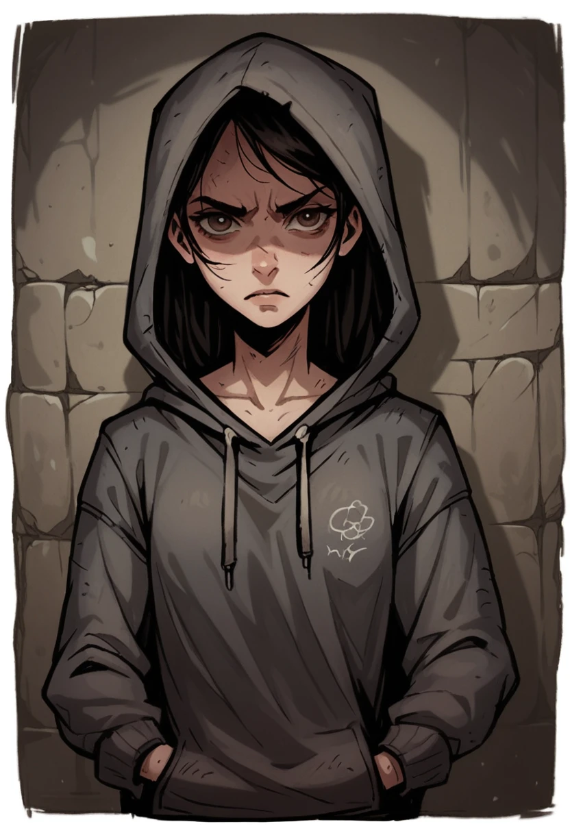 Medium close-up of a pale, slender girl, long straight hair, black hair, contrast brown eyes. She has serious almost contemptuous face expression, looking directly at the viewer and has finely detailed clear facial features. She is wearing clean oversized clear grey normcore hoodie, and has a small chest. In the background writings on a weathered dusty wall, creating a moody atmospheric scene. The overall visual style is dark, gritty, and detailed, inspired by Chris Bourassa, known for his dramatic lighting and expressive.
