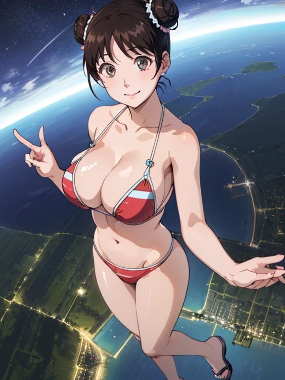 (Anime Style)、(Double bun hair)、(short hair)、Black Hair、hairpin、young woman、beautiful長い脚、beautiful体、beautiful鼻、Perfect Eyes、Perfect Face、Perfect Legs、Perfect balance、(beautiful、Large Breasts:1.3)、(beautiful顔:1.5)、(Tight waist)、Perfect lighting、colorful、Bright front light、Glowing Skin、 (masterpiece:1.0)、((High resolution))、((Highest quality))、(Normal hand)、(Five Fingers)、(Anatomically correct hand)、(write hands correctly)、(smile)、(((Swimwear)))、((Woman flying in the sky))、((Night view))、(((From the sky)))、((sky diving))