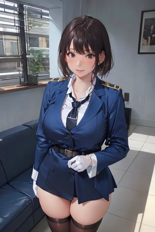 tmasterpiece,best quailty,8K,detailed skin texturing,realisticlying,Detailed cloth texture,beautifull detailed face,Complicated details,solo,1 adolescent girl,ayanami rei,An ultra-detailliert,Detailed hair strands,((Short blue hair)),Blushlush,(opens his eyes wide:1.3),(eye reflections:1.6),shylily,(smoothy,Skin reflects light),(shiny skins),Nipple shadow,(Slim,Black suit uniform,neck bowtie,Gold epaulettes,Black transparent pantyhose,sitted),((mediuml breasts):1.2,Great legs),morden style,Cityscapes,Side view