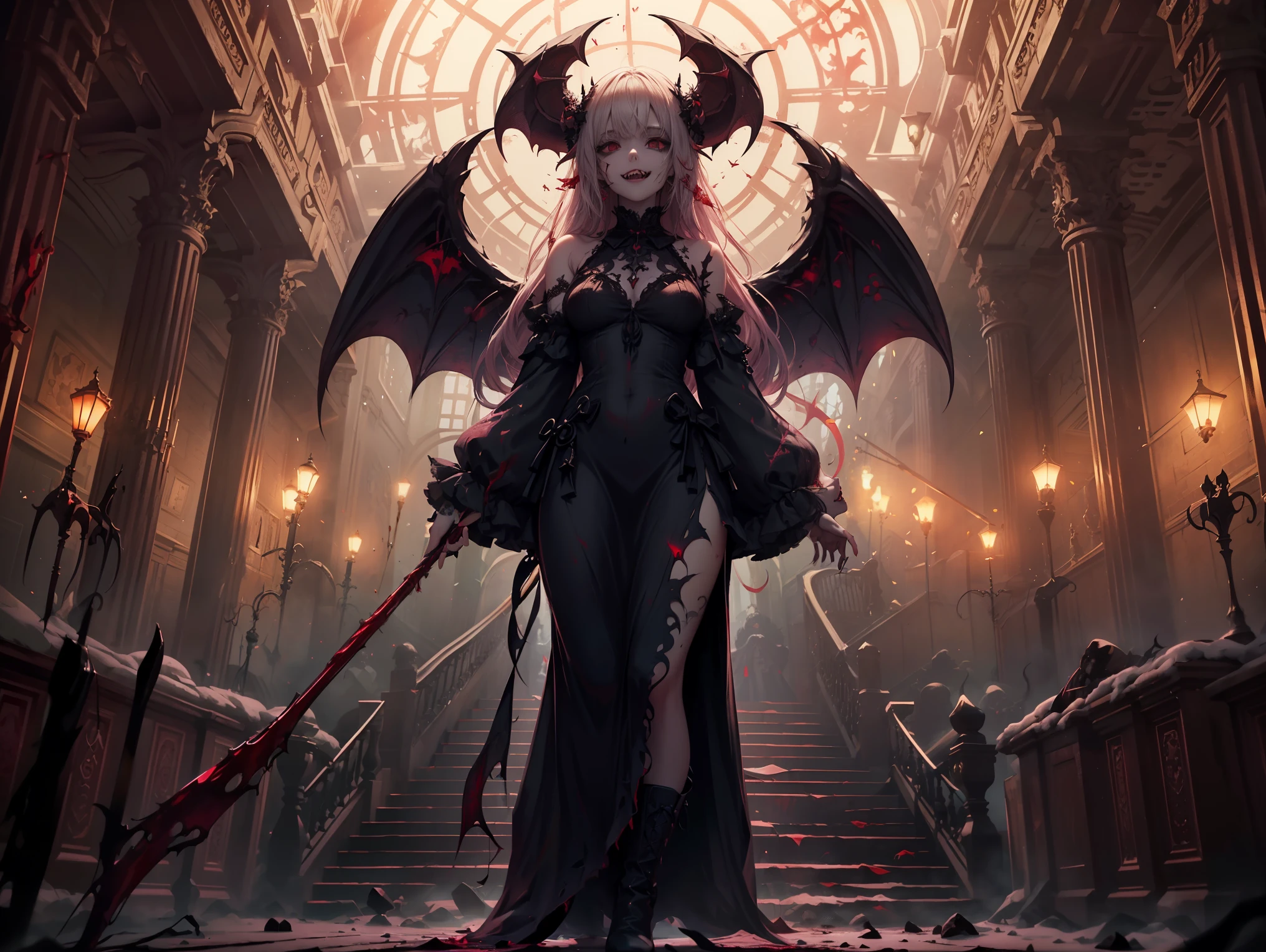 Shaded face　、beautiful girl、Very cute angel、Pink T-Shirt、cute、、Smile、Long Skirt、Black long bootS、.(HigheSt quality,4K,High reSolution,MaSterpiece 1.2),Very detailed,RealiStic 1.37,Spooky altar background,Dark fantaSy,Red color Scheme,OminouS atmoSphere,Eye-catching,Storytelling,anatomy,Anime Style,Concept Art,Beautiful detailed face and (((Red eyeS ))),A terrifying ritual ,Satanic Ritual,Premature death,inappropriate behavior,Crazy smile,Scythe Face,Girl Monster, beautiful, Delicate facial featureS, Sharp Eye, Sharp fangs, Pale Skin, Dark Background, Cinema Lighting, Dramatic ShadowS, Gothic Style, Gloomy atmoSphere, Dark fantaSy, one person&#39;S, PleaSe open your mouth wide, Open your mouth and baring your teeth,Sharp teeth like a beaSt, Wide lipS, very wide mouth, Vermilion cheekS, ,(Blood Splatter1.3),Scary Smile, Smile,Angel DeSign, TwiSted Smile、Bloody、bleeding from the head,,,,,、Blood Splatter、,(Blood Splatter1.3),Skull,Horror Style, ((FantaSy Sweet Ta Frill Pink CoStume)), ((Flowing blonde hair)), ,(Blood Splatter1.3),Female curveS, Sexy flat Stomach, Perfect handS, Perfect anime face, (Pink Tata DreSS)), Are Standing, ((Evil smile)), ,(Blood Splatter1.3), Steam circulateS, Moonlight Illumination, night lighting, (Blood Splatter1.3),Anime Angel Design, TwiSted Smile、Bloody、bleeding from the head,,,,,、Blood Splatter、,(Blood Splatter1.3), Skull,Gothic architecture、WeStern architecture、FantaSy World、,Victorian citieS, Skeleton GaS Light,absurdes, High reSolution、 ((Tabletop)), ((HigheSt quality)), (Very detailedな), ((Very detailed)), (beautiful), ((cute)), (nfsw1.8), alone,(1.6)、(world&#39;The moSt terrifying and creepy demon girl 1.5)beautiful face、Whole Body Ezbian、Pale, Beautiful skin、Beautiful golden hair、Smile gently、Dark building ruinS、(Snow white&#39;Frill dreSS 1.3)、(The dark ruinS are Stained with blood 1.3)、Low angle full body Shot、(The girl is standing in a pool of blood1.2)、(The ground iS .3)、(The girl loSt a lot of blood....1.3)、(Crazy smile1.6)、SpiritS、(Blood drippi