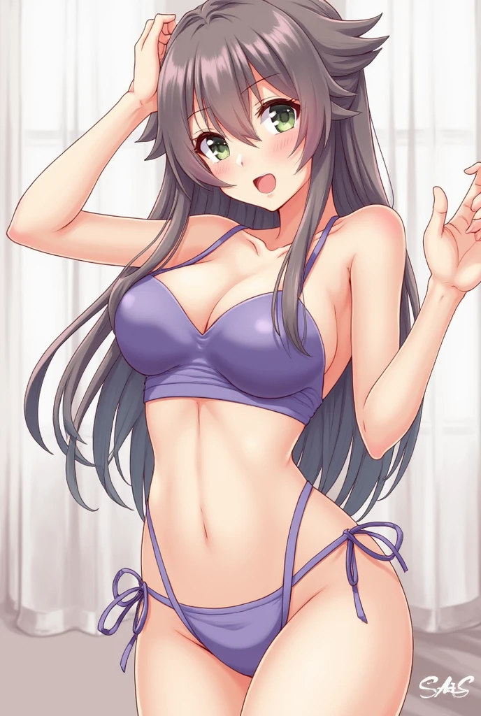 masterpiece, best quality,1girl,solo,kirasaka sayaka,brown hair,long hair,ponytail, hair ribbon, green eyes,,purple thighhighs, wariza, (bikini), sitting. 