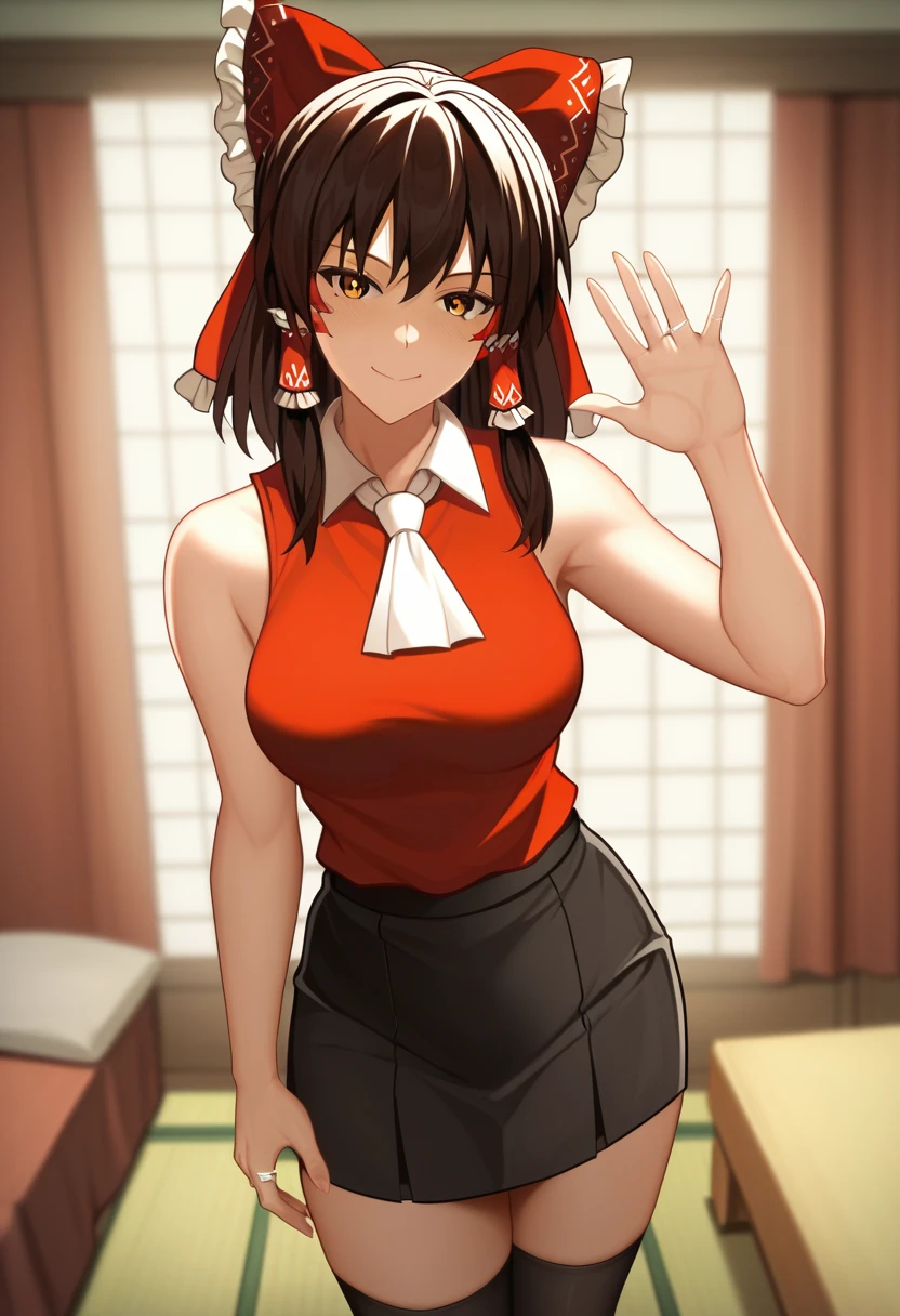 NAOMIDENO, BLACK EYES , GLOVES, HAT, BLACK HAIR, MULTICOLORED HAIR, ELBOW GLOVES, BOOTS, GARRISON CAP, BARE SHOULDERS, SHORT HAIR, BREASTS, BROWN HAIR, SKIRT, RED GLOVES, PANTYHOSE, STREAKED HAIR, SLEEVELESS, 1girl, solo, upper body, facing viewer, (looking at viewer:1.5), in the center, smile, 

