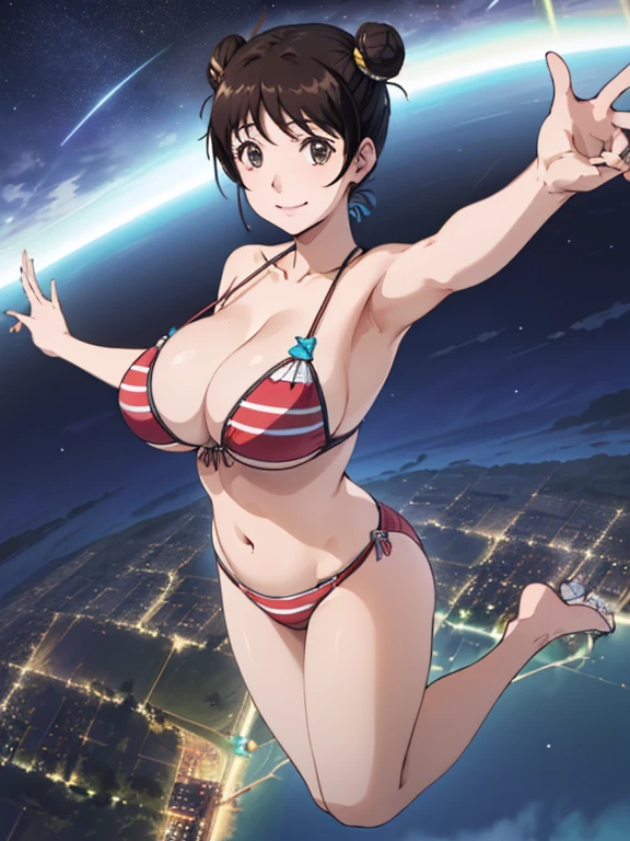 (Anime Style)、(Double bun hair)、(short hair)、Black Hair、hairpin、young woman、beautiful長い脚、beautiful体、beautiful鼻、Perfect Eyes、Perfect Face、Perfect Legs、Perfect balance、(beautiful、Large Breasts:1.3)、(beautiful顔:1.5)、(Tight waist)、Perfect lighting、colorful、Bright front light、Glowing Skin、 (masterpiece:1.0)、((High resolution))、((Highest quality))、(Normal hand)、(Five Fingers)、(Anatomically correct hand)、(write hands correctly)、(smile)、(((Swimwear)))、((Woman flying in the sky))、((Night view))、(((From the sky)))、((sky diving))、(Spread your arms up)