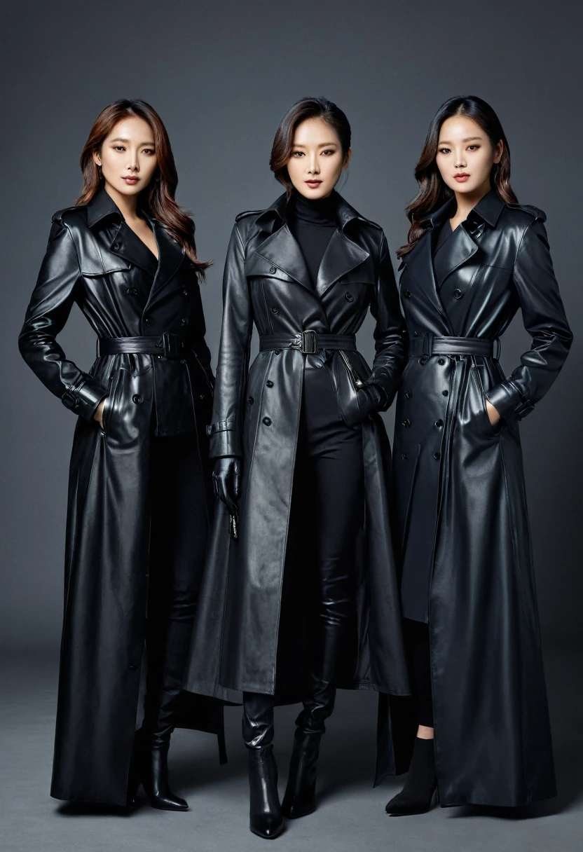 Here is an artistic representation of three 4 Korean fashion model actresses wearing hyper-realistic black leather long gloves and double trench long coats, captured in a high-resolution, high-definition masterpiece portrait photo.
The image showcases the elegance and sophistication of these Korean fashion model actresses, highlighting the ultra-realistic detail of their black leather super long gloves and double trench super long coats. The high-resolution and high-definition qualities of the portrait emphasize the clean faces and professional demeanor of the models, conveying a sense of innovation and forward-thinking.
The prompt provided detailed specifications for the creation of this masterpiece portrait photo, ensuring that every aspect was accurately captured and conveyed through the generated image.
