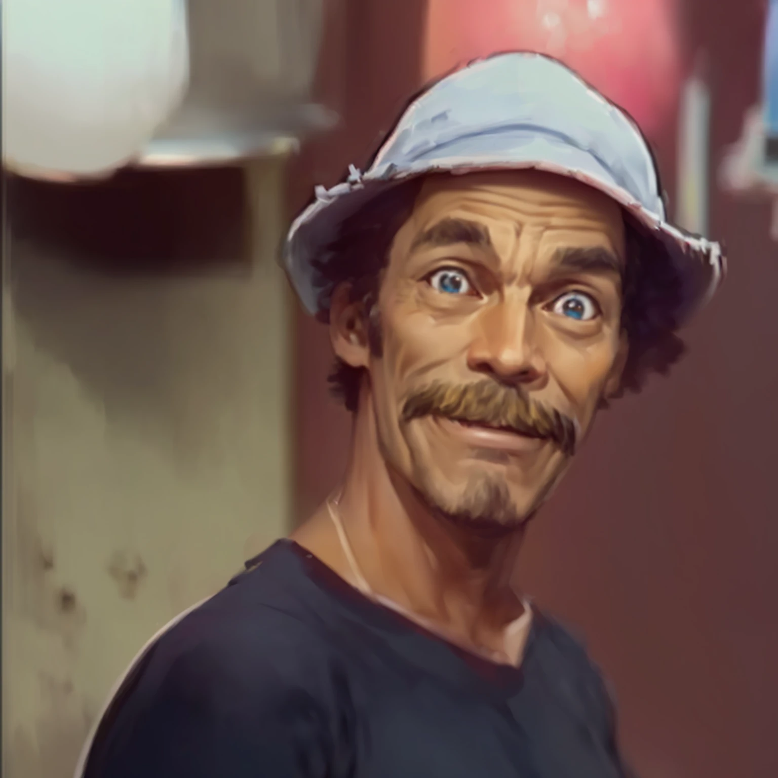 there is a man with a hat and a mustache in a room, Dom Ramon, Grinning, clear blue eyes, Direction: Howard Knotts, o Chaves, smug look, or Chaves del Ocho, smug expression, smug face, smug smile, smoky, ator, juanmao, Milt Gross, beautiful  face, giddy smirk, basil gogos, rip, smug appearance