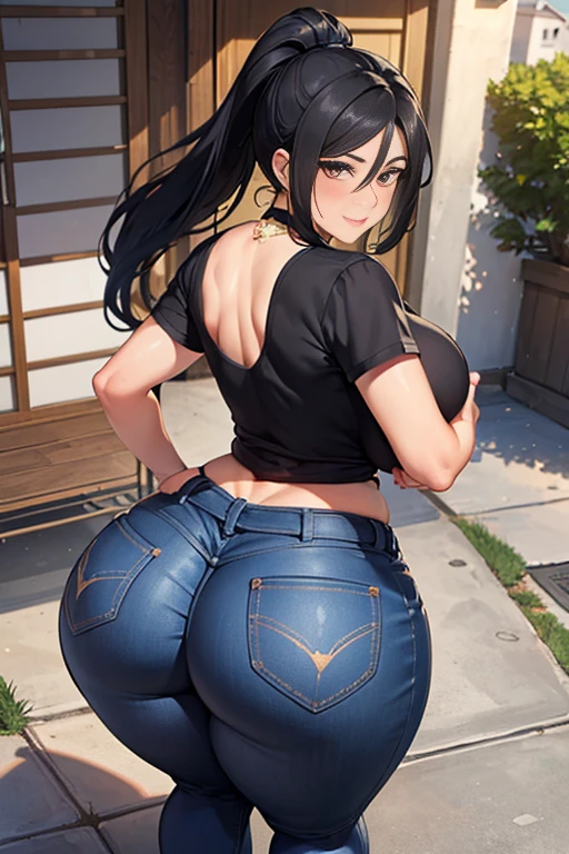 High resolution, (((House  setting))), (((mature Hispanic girl ))), ((bimbo))), long black hair, ponytail, wide hips, thick thighs, hourglass figure, small round breast, her head is turned looking at the viewer with a maternal smile, she’s your mom,, huge ass size, Brazilian butt lift, (she's wearing tight mom jeans), her ass is covered, (((she's grabbing and groping her own ass))), ((her hand is squeezing her own ass)), (((her ass is being grabbed))), (((overhead view)))