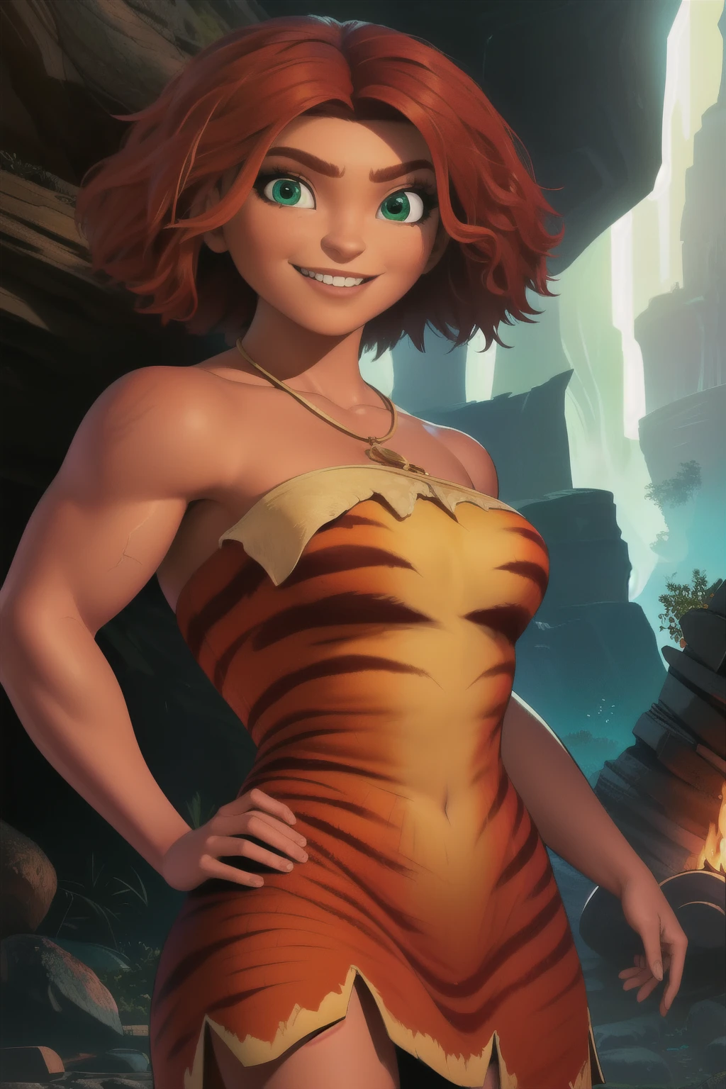 Eep Crood,solo,red hair,green eyes,short hair,muscular, looking at viewer,  
Dress,necklace,bare shoulders,barefoot,animal print, 
smile,  upper body, standing,  
cave, campfire, 
(insanely detailed, beautiful detailed face, beautiful detailed eyes, masterpiece, best quality), schiena nuda