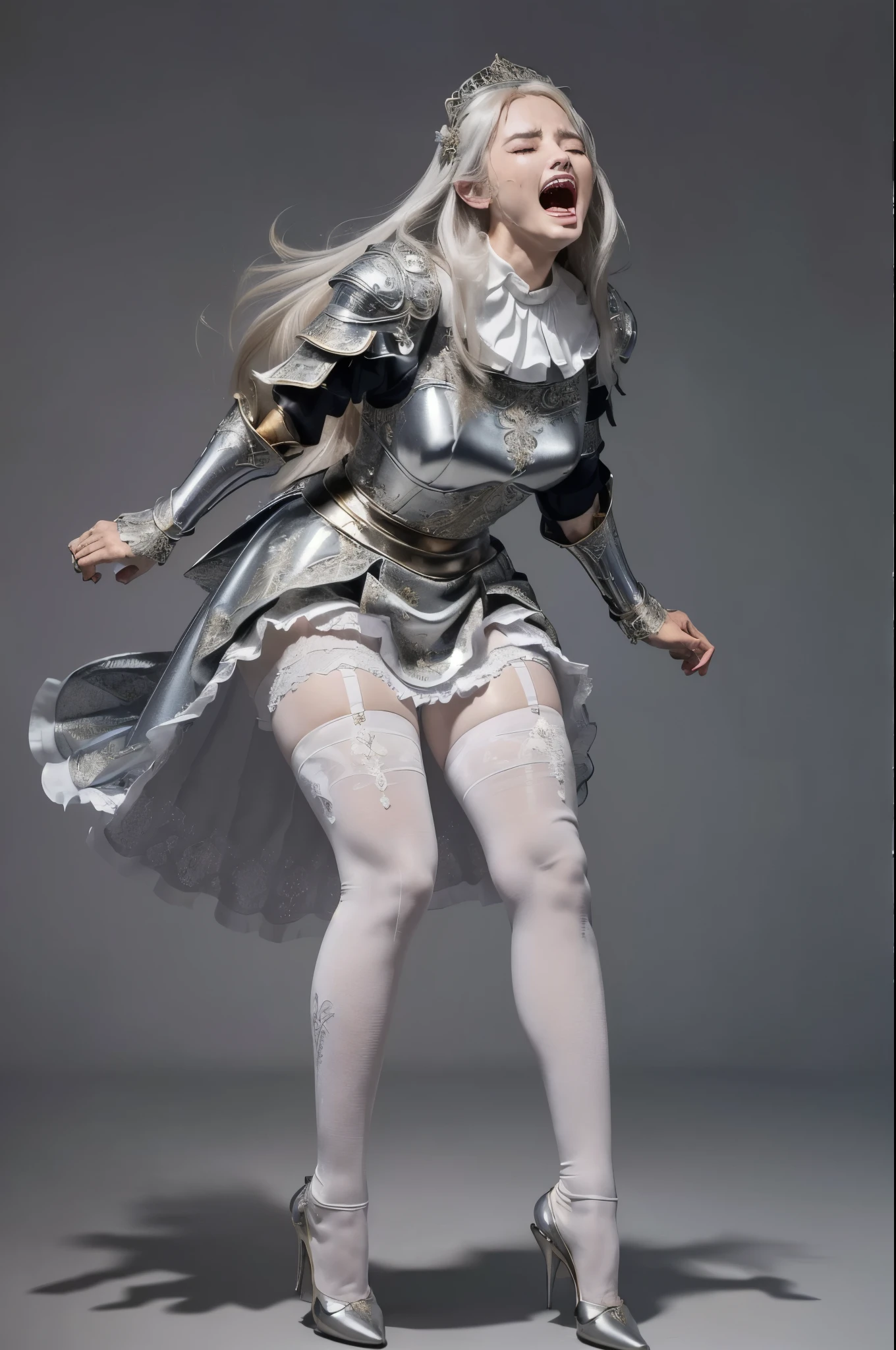 masterpiece, best quality photo, a beautiful princess knight is screaming and crying, (fancy engraved medieval metallic armor on top:1.3), (ornate silk skirt:1.2), (thigh high white stocking:1.3), white high-heel:1.2, light gray metal armor, (detailed facial expression:1.2), extremely beautiful, grimace, screaming, crying eyes, wide open lips:1.3, rich hair:1.1, (painful screaming facial expression:1.2), dynamic pose, strongly closed eyes