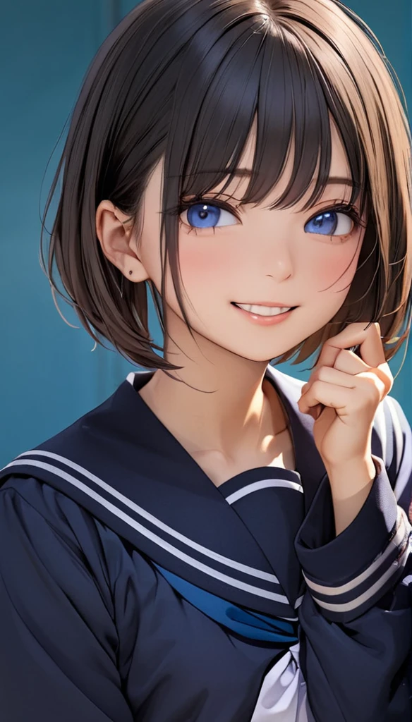 Cowboy Shot、 1 girl, A shy smile、blush、Black Hair, Short Bob Cut, Schoolの, Sailor suit, (((School、 background:1.4))), blush:1.2, Deep blue eyes、((Open your mouth)), Light and shadow with attention to detail, backgroundぼかし, (Highest quality:1.2,  Very detailed, Attention to detail, masterpiece:1.2, Best aesthetics),