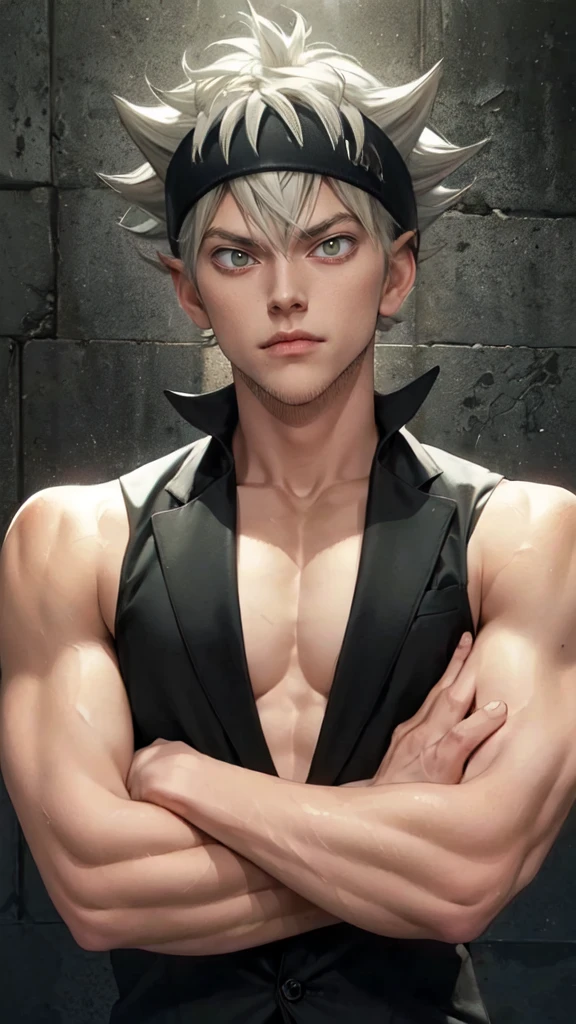 artwork, best quality, high quality, 1 boy, solo, male focus, looking at viewer, full body asta, green eyes, headband, gray hair, spiky hair, artwork, very realistic, not in smart , tall, very detailed, HDR , masterpiece, very detailed face and eyes, solo, guy, handsome, in the dark, sturdy body, tall, handsome face, still youthful like a Korean artist, his face has a flat expression, his body is big and muscular, tall, standing straight, sturdy body, tall, strong and handsome, wearing an all black suit, mafia, like the mafia, modern times, at night, facial expression flat, scary, Susana tense, uncomfortable, scary, dark atmosphere