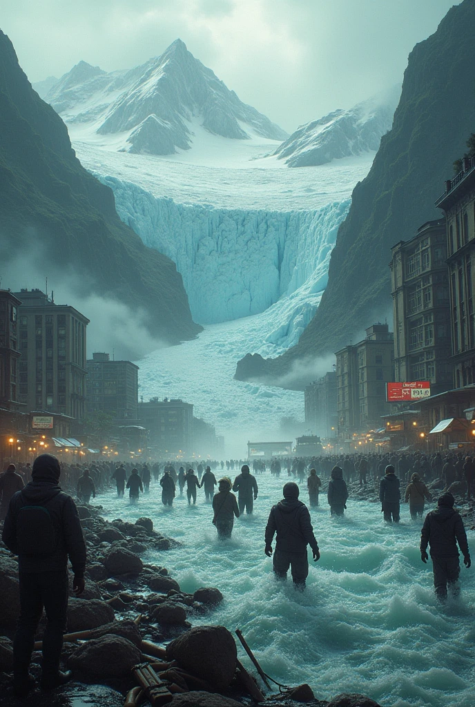 detailed image of glaciers melting rapidly, causing floods that engulf ...