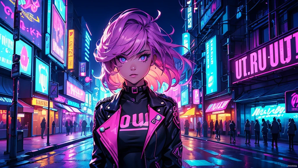 (((Best quality))), (((Ultra detailed))), captivating young woman with an 80s-inspired look, standing in a neon-lit urban alleyway at night. The background features glowing vintage synths, vibrant billboards, and rhythmic patterns. Deep blues, purples, and neon pinks. Intricate details, high resolution.