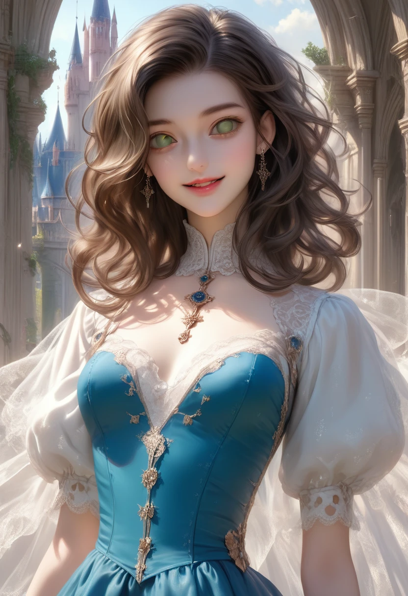 (absurdres, highres, ultra detailed), 1girl, solo, mature, aged up, (long hair, blunt bangs), Baroque, long dress, long sleeve, elegant, colorful, highest detailed, upper body, cathedral, holy, smile, (closed mouth), dutch angle