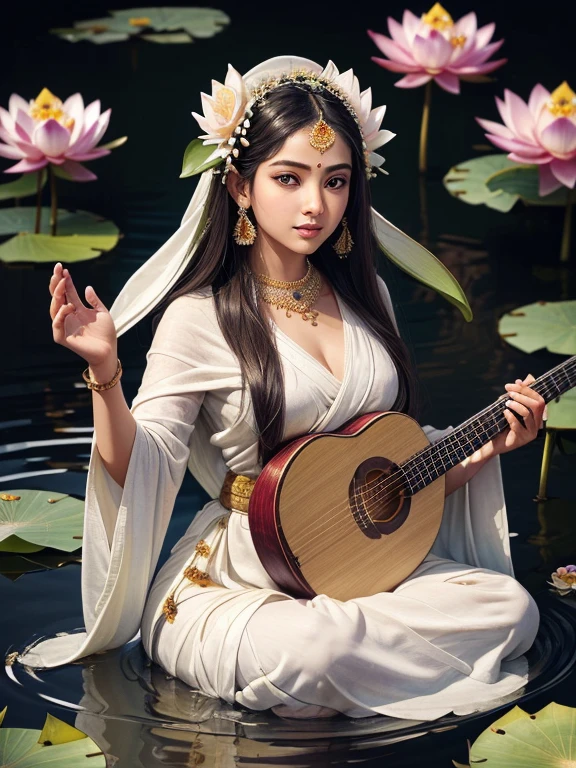 ((masterpiece)), (Photorealistic), (High resolution, Best Quality, Super detailed), (Highly detailed face:1.2, unparalleled beauty, very beautiful face), 
Lotus flower, ((lotus flower blooming on water:1.2)), Hindu taste Lotus religious painting, ((lotus flowers blooming in paradise)), (Hindu Goddess Saraswati she has white skin a crescent moon mark on her forehead wears a white robe has four arms holds a Prayer beads and a Vedas in two of arms and a Veena a stringed instrument similar to a biwa in the other pair of arms and sits on a lotus flower), Beautiful sacred lotus flower, Illustration of Saraswati sitting on a lotus flower 