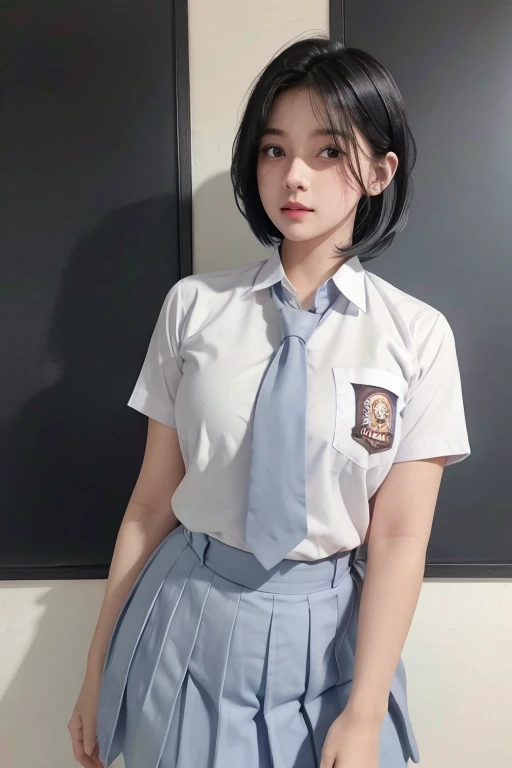 1 woman, , (undercut hairstyle, black hair), scared face expression, plump body, blue eyes, Indonesian high-school uniform, (wearing transparent white tight shirt, short sleeves, light-grey tie,), osis logo on shirt pocket, perfect round breasts, long light-grey pleated skirt, dynamic pose, cowboy shot, shy, in the classroom, working on assignment on the class blackboard