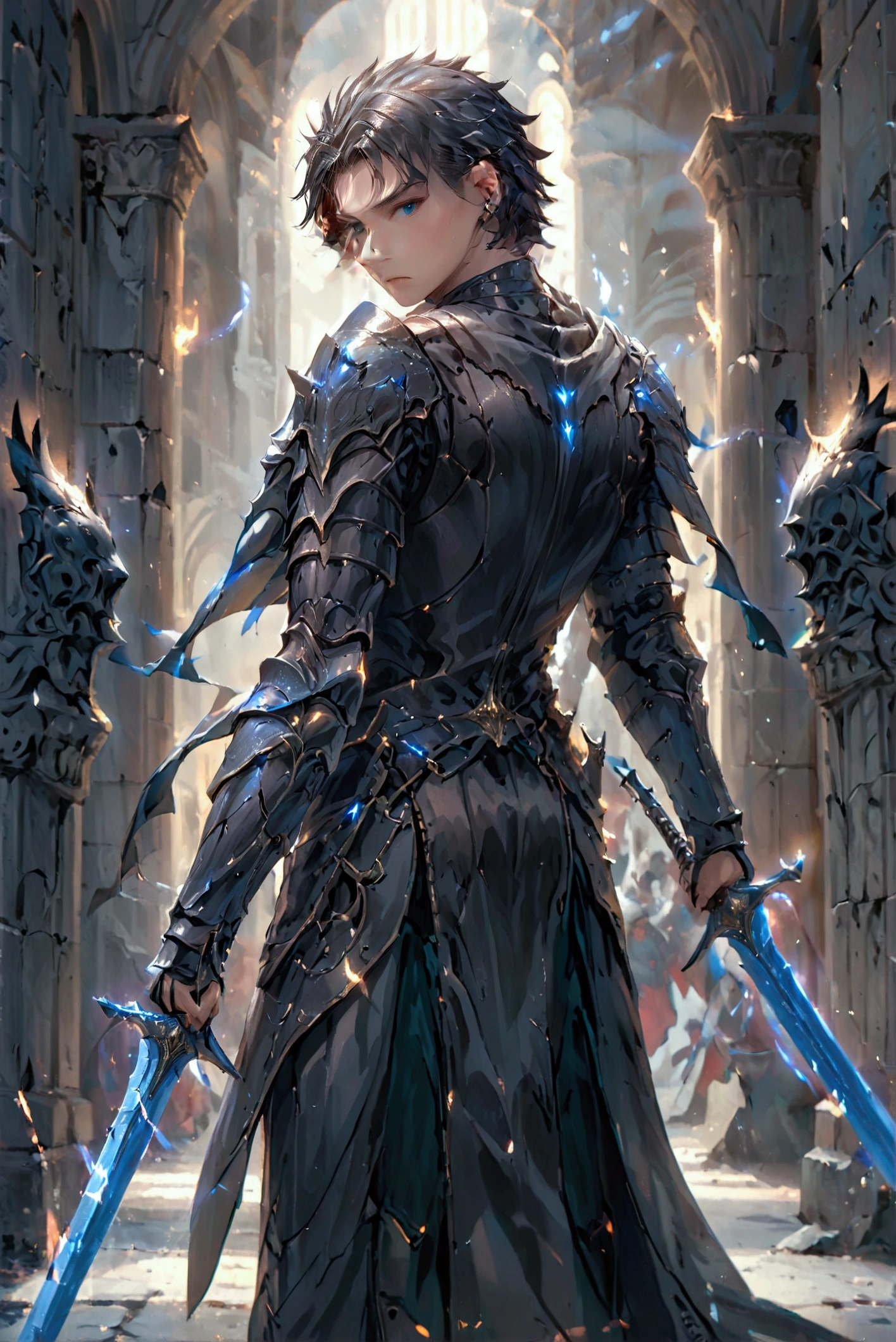 a young man with short black hair, piercing blue eyes, wearing black armor, black wings growing from his back, holding two glinting swords, intricate cracks in his skin, extremely detailed facial features, dramatic chiaroscuro lighting, highly detailed, photorealistic, intricate, cinematic, 8K, professional rendering, award winning fantasy art, epic dark fantasy, dramatic atmosphere