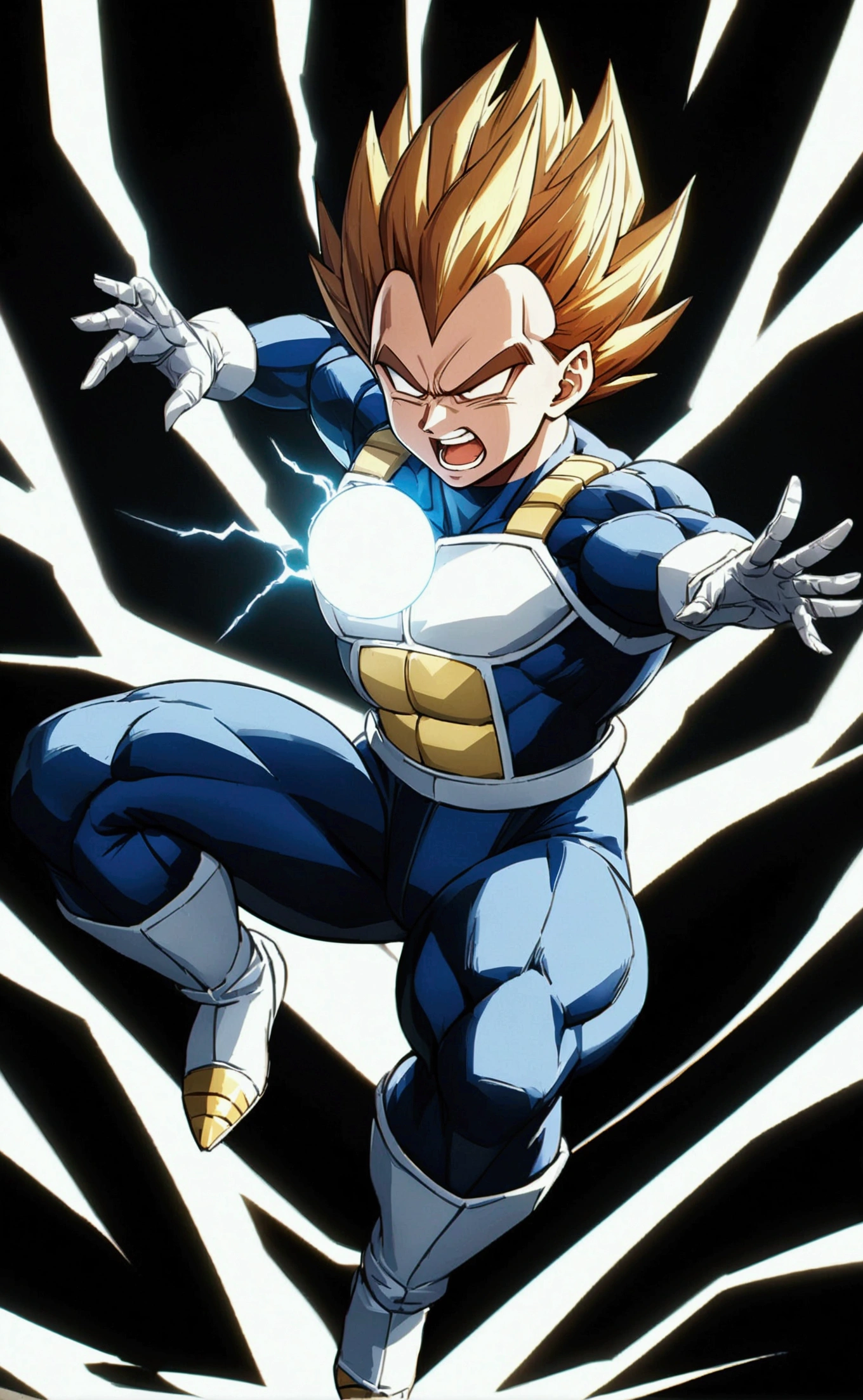 vegeta, intense expression,glowing energy sphere in hands,electricity sparking around body,epic dynamic action pose,dark shadowy background,4k,ultra-detailed,highly realistic,cinematic lighting,vibrant colors,dramatic atmosphere