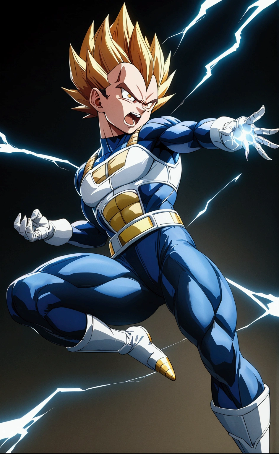 vegeta, intense expression,glowing energy sphere in hands,electricity sparking around body,epic dynamic action pose,dark shadowy background,4k,ultra-detailed,highly realistic,cinematic lighting,vibrant colors,dramatic atmosphere