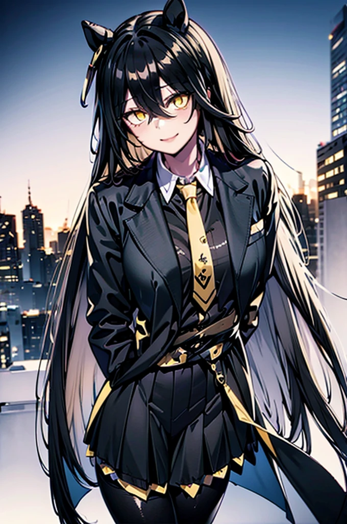 masterpiece, Highest quality:1.2), Manhattan Cafe(umamusume), One Woman, Mature Woman, alone,Glowing Skin、Yellow Eyes、Long black bangs between the eyes, Thick legs、Are standing、Cowboy Shot、smile、Black Skirt,Black Business Shirt、Yellow tie,Black jacket,pantyhose