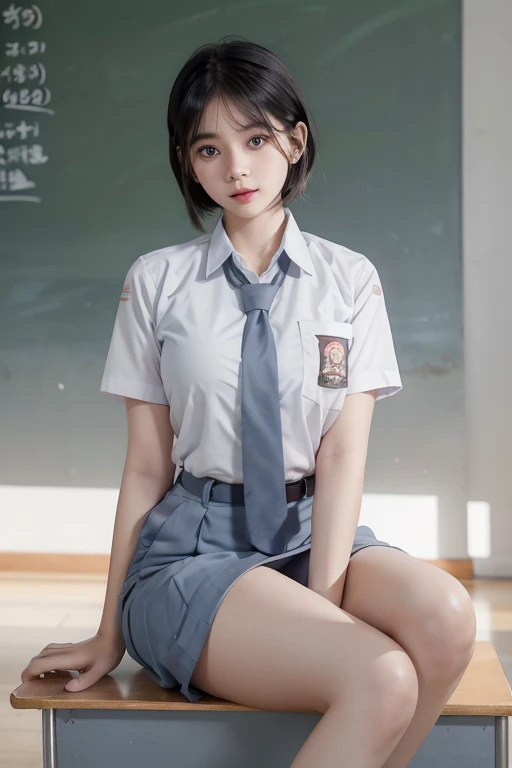 1 woman, , (mulet hairstyle, black hair), scared face expression, plump body, blue eyes, Indonesian high-school uniform, (wearing transparent white tight shirt, short sleeves, light-grey tie,), osis logo on shirt pocket, perfect round breasts, long light-grey pleated tight skirt, dynamic pose (working on assignment on the class blackboard), cowboy shot, shy, in the classroom, 