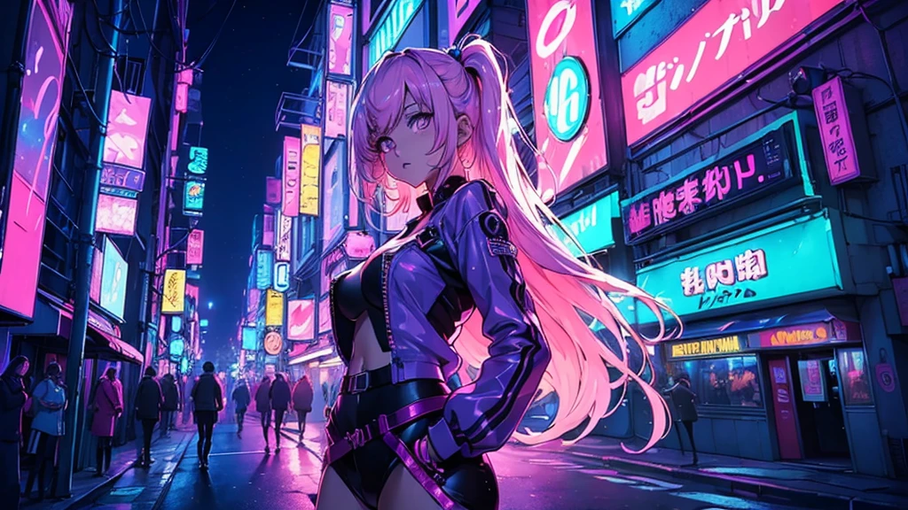 (((Best quality))), (((Ultra detailed))), captivating anime girl with an 80s-inspired look, standing in a neon-lit urban alleyway at night. The background features glowing vintage synths, vibrant billboards, and rhythmic patterns. Deep blues, purples, and neon pinks. Intricate details, high resolution.