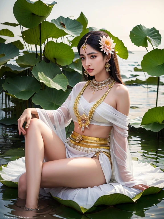 Beautiful portrait of a indian beautiful girl in water Lily of the valley park, full body, Science fiction、 A detailed eye, Art Station, Sharp Focus, Photorealsitic, 35 mm, Ultra Detail, 4 k, radiant light