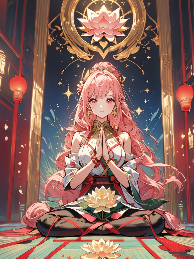 (masterpiece, ultra quality, official art, beautiful and aesthetic:1.2), (1girl), anatomically correct, colorful, ultra highres, unity 8k wallpaper, ultra detailed, pretty, (mandala), divine light, gold foil art, sparkling paintings, long pointy ears, pink eyes, pink hair, iridescent dress, jeweled necklace, view audience, portrait, tarotcard, (own hands together:1.3), (sitting in the lotus position:1.6), Ukiyo-e,