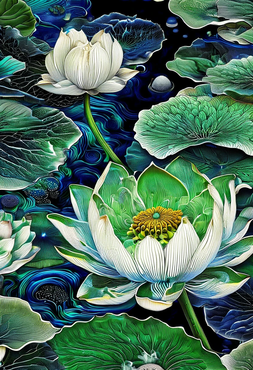    ( Perfectly Correct Anatomy )Dark ink blue-green background. A large white lotus. Lotus pod. One lotus bud. Lotus leaf. Lotus pod. Smoke. Thick smoke mixed with lotus leaves. Beautiful detailed close-up. Dynamic angle and elegant atmosphere.，intricate details 空靈的氣氛  迷人的光芒  綠色和藍色特別色調 工笔水墨风格

                                完美的構圖, intricate details, Super refined and beautiful quality work from the hands of a master
