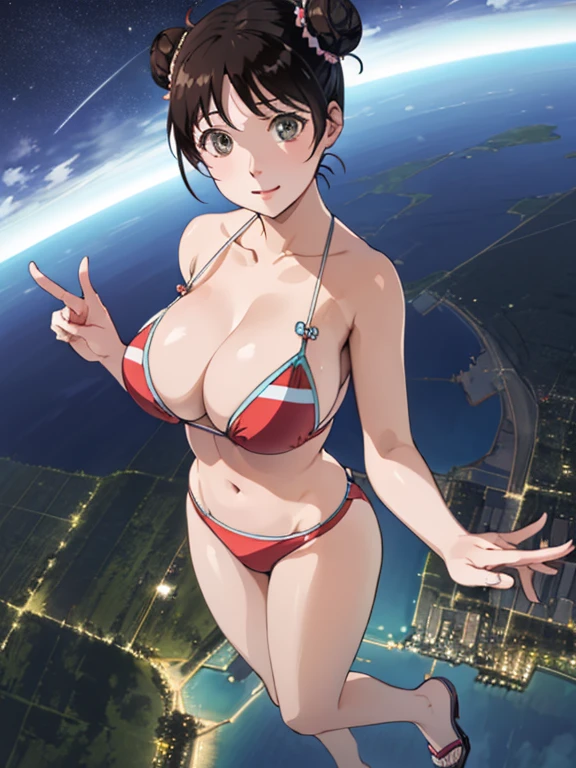 (Anime Style)、(Double bun hair)、(short hair)、Black Hair、hairpin、young woman、beautiful長い脚、beautiful体、beautiful鼻、Perfect Eyes、Perfect Face、Perfect Legs、Perfect balance、(beautiful、Large Breasts:1.3)、(beautiful顔:1.5)、(Tight waist)、Perfect lighting、colorful、Bright front light、Glowing Skin、 (masterpiece:1.0)、((High resolution))、((Highest quality))、(Normal hand)、(Five Fingers)、(Anatomically correct hand)、(write hands correctly)、(((Swimwear)))、((Woman flying in the sky))、((Night view))、(((From the sky)))、((sky diving))