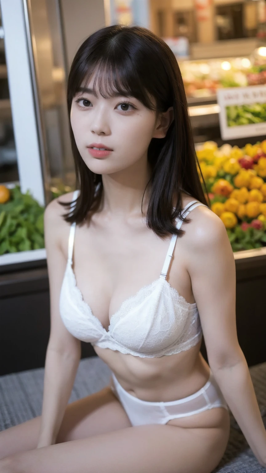 realistic photos of (1 cute Korean star) flipped hair, thin makeup, (big breasts size), sexy erotic G-string lingerie, at the market, clear facial features of Canon EOS, 16k, high resolution, sharp and realistic details,  overexposure, cut-in, UHD, high res, best quality, show perfect legs, sitting