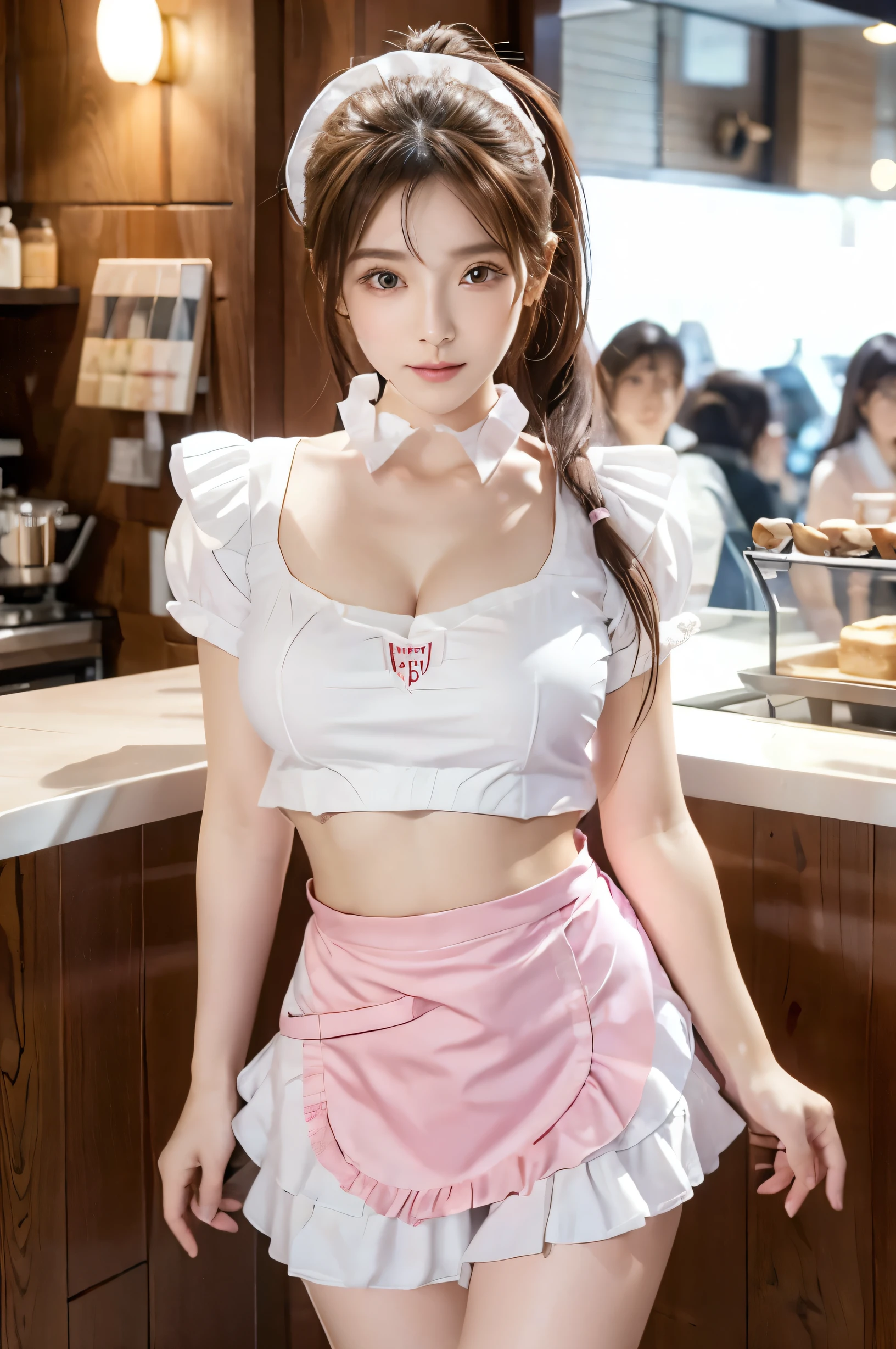 (Ultra HD), (Looking at me), (The whole body is shown), (Pink waitress:1.2, Apron with white frills), Super beautiful breasts, Big Breasts, slender, Narrow waist, (Thin legs:1.2), (Thin thighs:1.2), (Thin Hips:1.4), (Beautiful Skin, Shiny skin, White skin), (Super slim face, Super beautiful face, No makeup, Smile:0.6), (light brown, ponytail, Layered Cut, Fluffy hair), (Big eyes:1.4, High corners of the eyes:1.4, double eyelid), (Thin eyebrows:0.2), (Small Nose:0.6), (Thin lips:0.6), Are standing, Coffee shop