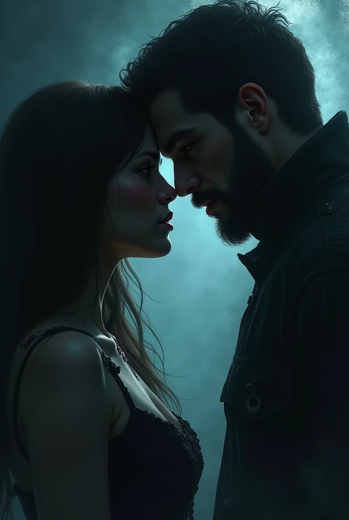 betrayal, woman, Not 20, long black hair, blood red lips, green eyes, only body from the stomach to see and a muscular dangerous handsome man with blue eyes and dark hair, both look at each other