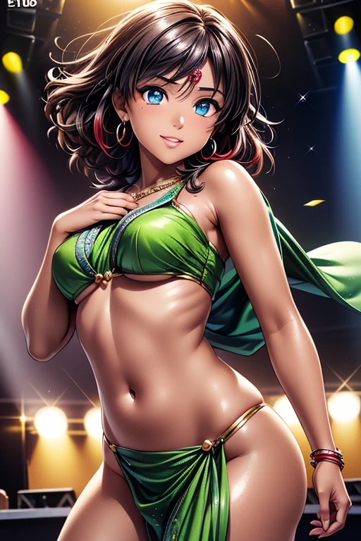 Girl posing for photo, animeのcute少女, ((One Girl)), ((Baby Face:1.3)) + ((cute:1.3)), 
BREAK 

((Shiny Green Silk Saree:1.5)),  
((Red earrings)), ((Red gem circlet)),   
BREAK 

(Light blue hair:1.2), (Slick Back Hair:1.4), ((Long Hair) : Voluminous Hair + Curly hair + Hair blowing in the wind), 
(Eyes with drooping corners of the eyes:1.4), (Big eyes:1.4), (blue eyes), 
((Small breasts:1.0)), 
(Tanned dark skin), (boyish), 
BREAK 

((Spotlight on dance stage:1.4)), 
((Wicked Smile)), 
((Show off your dynamic and captivating dance moves)), 
((Angle from the front)), ((Character Focus)), ((Cowboy Shot)), 
BREAK 

(Slim figure), (Symmetrical facial features), 
(Detailed Hair), (Beautiful Hair), (Shiny Hair), 
(double eyelid), (Long eyelashes), (Thin eyebrows:0.5), 
(Shiny eyes), (Detailed eyes), (Beautiful Eyes), (Delicate eyes), (Perfect Eyes), (Sparkling eyes), (Eye Reflexes), (Glitter Eyeliner), 
(Human Ear), 
(Beautiful Nose), (Thin Nose), 
(Glossy Lips), (Beautiful Lips), (Thick lips), 
(Shiny skin), (Detailed skin), (Fine skin), (Beautiful Skin), (Oily skin), 
BREAK 

(((Highest quality)), ((masterpiece:1.3)), ((Very detailed))), ((Ultra-high resolution)), ((16K)), ((1080P)), ((Full HD)), 
(Anatomically correct), ((Realistic)), (3DCG), ((Oil painting)), 
((comics, anime)), (CG illustration), (RAW Photos), 
