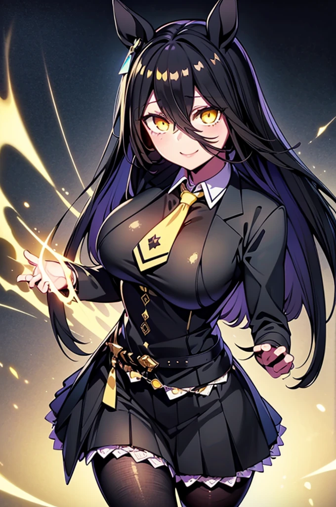 masterpiece, Highest quality:1.2), Manhattan Cafe(umamusume), One Woman, Mature Woman, alone,Glowing Skin, Yellow Eyes, Long black bangs between the eyes, Large Breasts, Thick legs, Are standing, Cowboy Shot, smile, Black Skirt, Black Business Shirt, Yellow tie, Black jacket, pantyhose