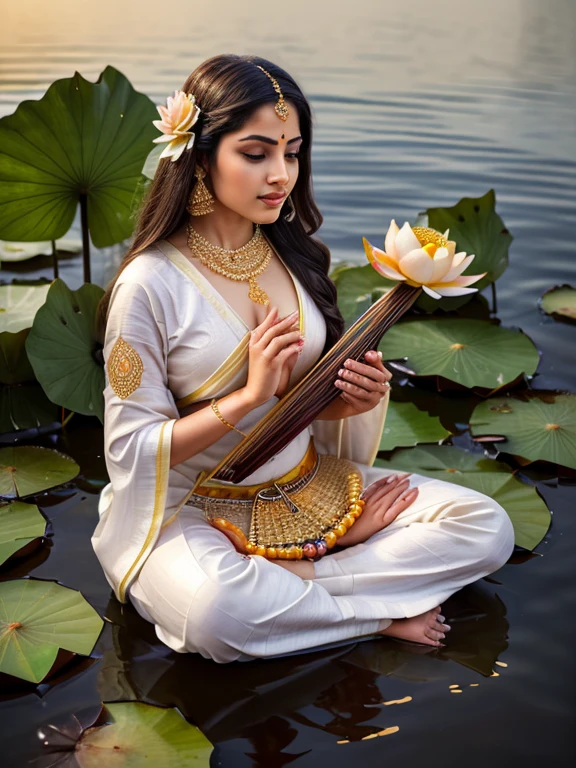 ((masterpiece)), (Photorealistic), (High resolution, Best Quality, Super detailed), (Highly detailed face:1.2, unparalleled beauty, very beautiful face),
Lotus flower, ((lotus flower blooming on water:1.2)), Hindu taste Lotus religious painting, ((lotus flowers blooming in paradise, in paradise)), (Hindu Goddess Saraswati she has white skin a crescent moon mark on her forehead, wears a white robe has four arms holds a Prayer beads and a Vedas in two of arms and a Veena a stringed instrument similar to a biwa in the other pair of arms and sits on a lotus flower), Beautiful sacred lotus flower, Illustration of Saraswati sitting on a lotus flower