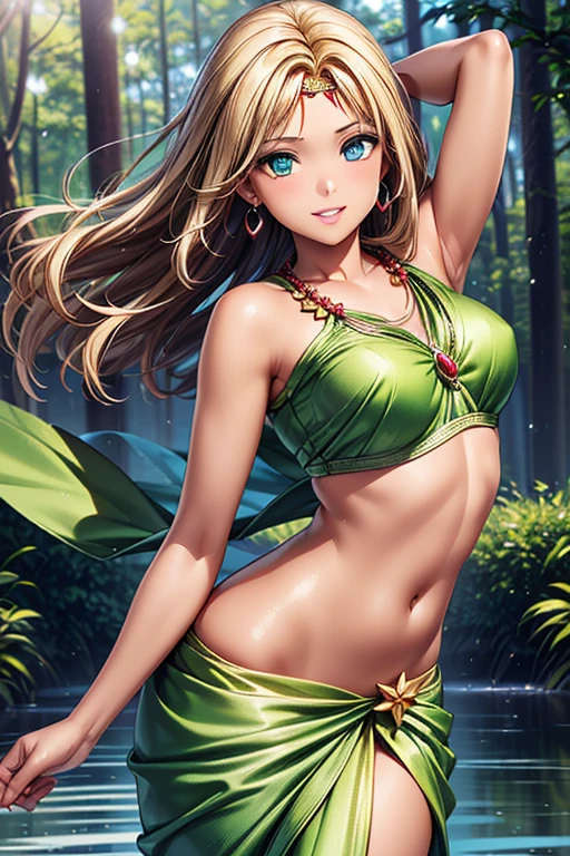 Girl posing for photo, animeのcute少女, ((One Girl)), ((Baby Face:1.3)) + ((cute:1.3)), 
BREAK 

((Shiny Green Silk Saree:1.5)),  
((Red earrings)), ((Red gem circlet)),   
BREAK 

(Blonde:1.2), (Slick Back Hair:1.4), ((Long Hair) : Voluminous Hair + Curly hair + Hair blowing in the wind), 
(Eyes with drooping corners of the eyes:1.4), (Big eyes:1.4), (blue eyes), 
((Small breasts:1.0)), 
(Tanned dark skin), (boyish), 
BREAK 

((noon, A spring in the sunlight in the forest)), 
((Wicked Smile)), 
((Standing on the water、Show off your dynamic and captivating dance moves)), 
((Angle from the front)), ((Character Focus)), ((Cowboy Shot)), 
BREAK 

(Slim figure), (Symmetrical facial features), 
(Detailed Hair), (Beautiful Hair), (Shiny Hair), 
(double eyelid), (Long eyelashes), (Thin eyebrows:0.5), 
(Shiny eyes), (Detailed eyes), (Beautiful Eyes), (Delicate eyes), (Perfect Eyes), (Sparkling eyes), (Eye Reflexes), (Glitter Eyeliner), 
(Human Ear), 
(Beautiful Nose), (Thin Nose), 
(Glossy Lips), (Beautiful Lips), (Thick lips), 
(Shiny skin), (Detailed skin), (Fine skin), (Beautiful Skin), (Oily skin), 
BREAK 

(((Highest quality)), ((masterpiece:1.3)), ((Very detailed))), ((Ultra-high resolution)), ((16K)), ((1080P)), ((Full HD)), 
(Anatomically correct), ((Realistic)), (3DCG), ((Oil painting)), 
((comics, anime)), (CG illustration), (RAW Photos), 
