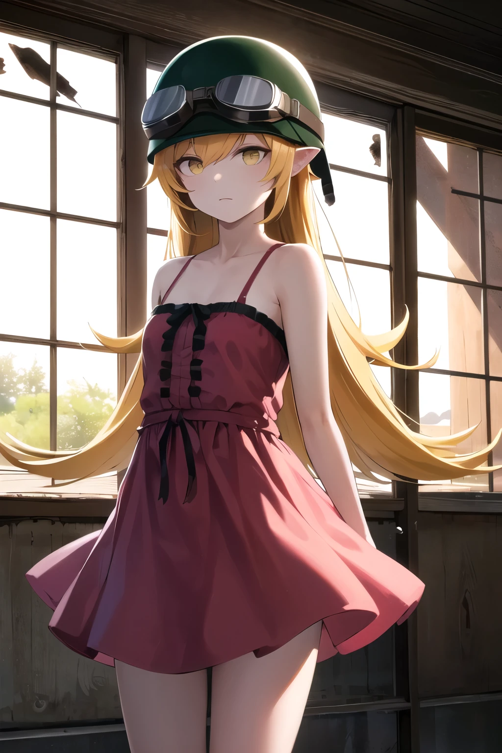 masterpiece, Highest quality, High resolution, Aashinobu, Dilapidated, Long Hair, Helmet, Put goggles on your hat, Pointed Ears, Pink Dress, Expressionless, Are standing, Cowboy Shot, Remains, indoor,