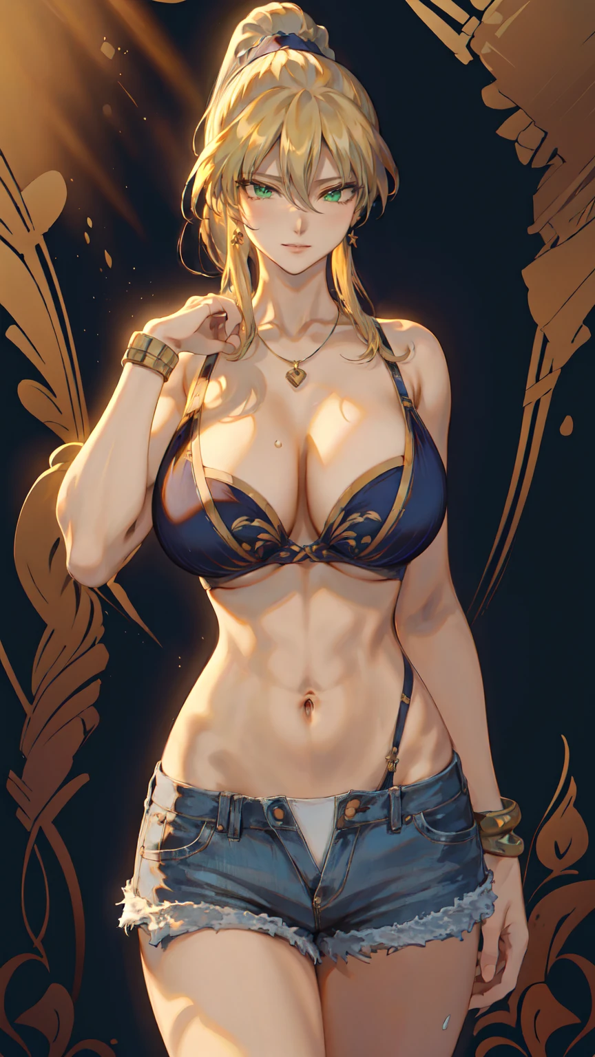 Artoria Lancer, Mature Woman, Cool woman, elegant, Blonde, (((((Green Eyes, eyes in highlight:1, shiny eyes:1))))), ((layered bikini, headband, shorts, necklace, earring, bracelet, Scrunchie)), Portraiture, ((cowboy shot)), Curvaceous, 4K resolution, high quality, 最high quality, High resolution, unity 8k wallpaper, (figure:0.8), (((beautiful細部までこだわった目:1.6))), ((非常に詳細なface)), Highly detailed CG, (Perfect hands, Perfect Anatomy), (Vibrant_color:1.2), Professional photos, (beautiful_face:1.5), (narrow_Waist), (((grin, sharp face))), (perfect anatomy), ((highly detailed beautiful face)), ((((slender body, slim arms)))), ((huge boobs, Cleavage)), ((long hair, wavy hair, high ponytail, long sideburns)),(official art:1), (((tall person))), (nice body), Incredibly absurd, 最high quality, 4K wallpaper, mature modeling, One girl, alone, (魅惑的なface:1.3), Bone eye, Deep and detailed, Simple Background, Gradient Background