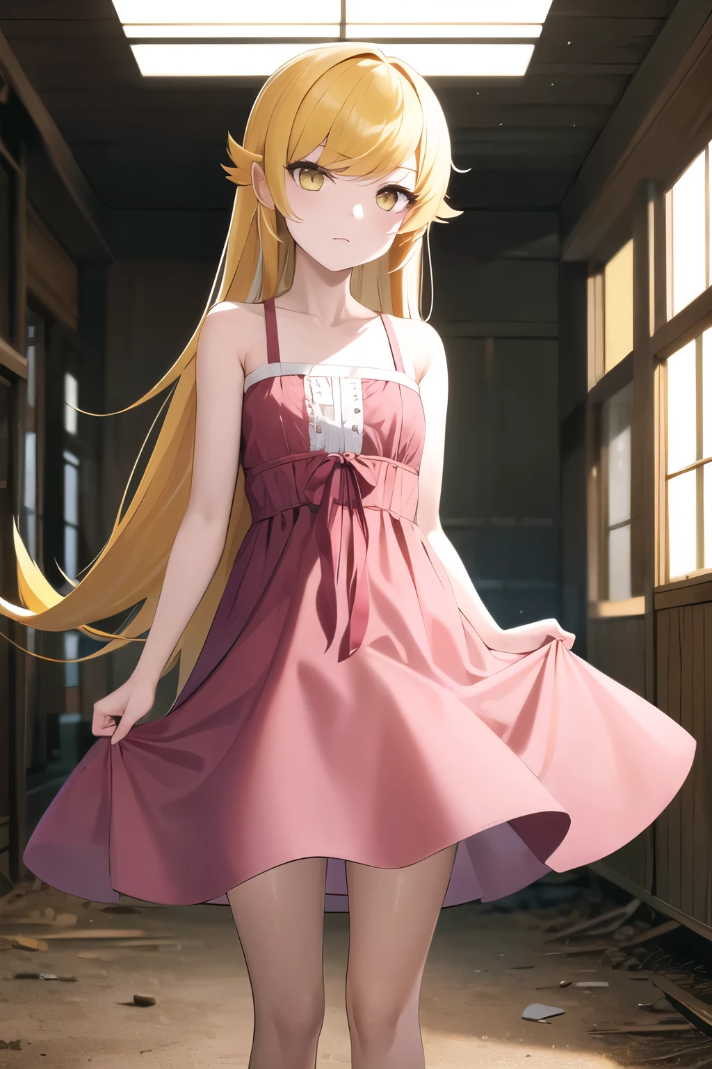 masterpiece, Highest quality, High resolution, Aashinobu, Dilapidated, Long Hair, Pointed Ears, Pink Dress, Expressionless, Are standing, Cowboy Shot, Remains, indoor,