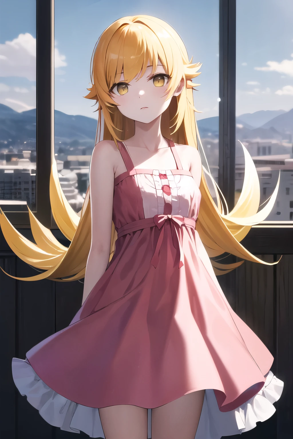 masterpiece, Highest quality, High resolution, Aashinobu, Dilapidated, Long Hair, Pointed Ears, Pink Dress, Expressionless, Are standing, Cowboy Shot, Remains, indoor,