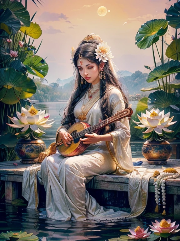 ((masterpiece)), (Photorealistic), (High resolution, Best Quality, Super detailed), (Highly detailed face:1.2, unparalleled beauty, very beautiful face),
Lotus flower, ((lotus flower blooming on water:1.2)), Hindu taste Lotus religious painting, ((lotus flowers blooming in paradise, in paradise)), (Hindu Goddess Saraswati she has white skin a crescent moon mark on her forehead, wears a white robe has four arms holds a Prayer beads and a Vedas in two of arms and a Veena a stringed instrument similar to a biwa in the other pair of arms and sits on a lotus flower), Beautiful sacred lotus flower, Illustration of Saraswati sitting on a lotus flower