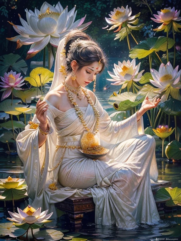 ((masterpiece)), (Photorealistic), (High resolution, Best Quality, Super detailed), (Highly detailed face:1.2, unparalleled beauty, very beautiful face),
Lotus flower, ((lotus flower blooming on water:1.2)), Hindu taste Lotus religious painting, ((lotus flowers blooming in paradise, in paradise)), (Hindu Goddess Saraswati she has white skin a crescent moon mark on her forehead, wears a white robe has four arms holds a Prayer beads and a Vedas in two of arms and a Veena a stringed instrument similar to a biwa in the other pair of arms and sits on a lotus flower), Beautiful sacred lotus flower, Illustration of Saraswati sitting on a lotus flower