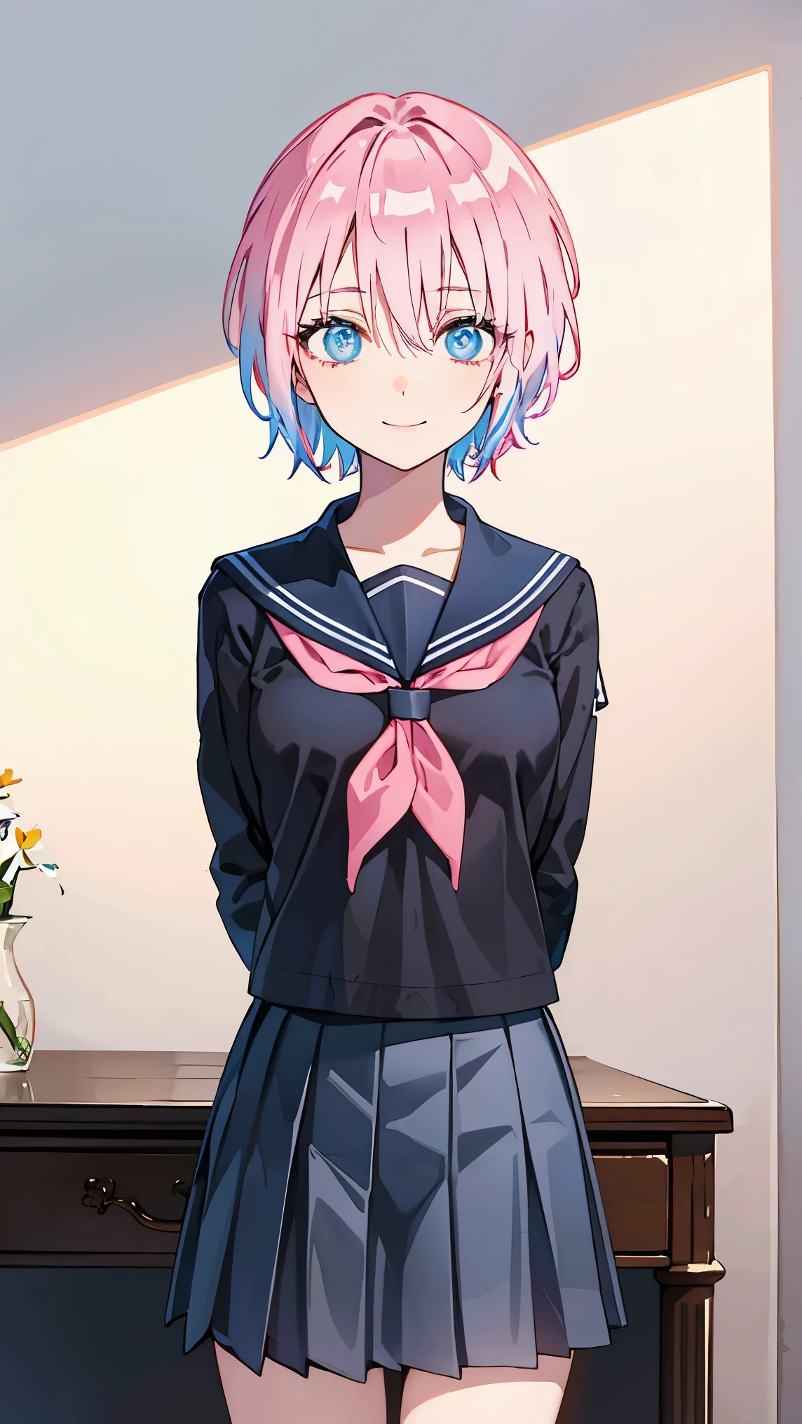 pink hair, seductive smile,
BREAK (skirt, pleated skirt, serafuku, shirt, blue shirt, long sleeves, long skirt, blue skirt, blue sailor collar, sailor collar, neckerchief, red neckerchief:1.2)
BREAK sitting in an office chair, on a desk, ((Arms behind back:1.5)),
BREAK (masterpiece:1.2), best quality, high resolution, unity 8k wallpaper, (illustration:0.8), (beautiful detailed eyes:1.6), extremely detailed face, perfect lighting, extremely detailed CG, (perfect hands, perfect anatomy),