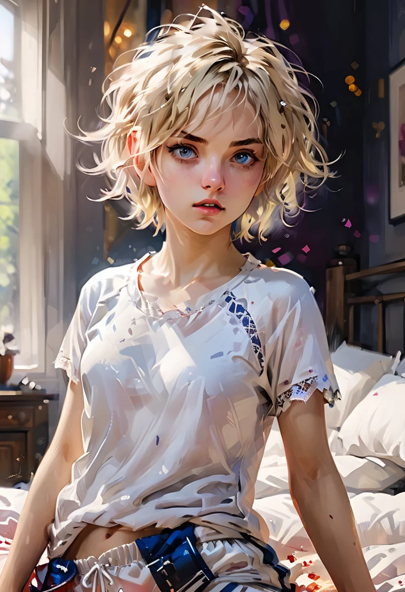 In bed, (tender masturbation:1.4),((after a passionate orgasm:1.4)).(rule of thirds:1.4), ((ultra realistic illustration:1.2)),Athletic blonde woman, (short hair), tomboy, cute, ((loving seductive eyes, moan:1.4)), sexy, messy hair,(aroused:1.3),very light makeup, lace top, pajama pants.Masterpiece, best quality,(highly detailed:1.2),(detailed face and eyes:1.2), 8k wallpaper, depth of field, natural lighting. core shadows, high contrast, bokeh.