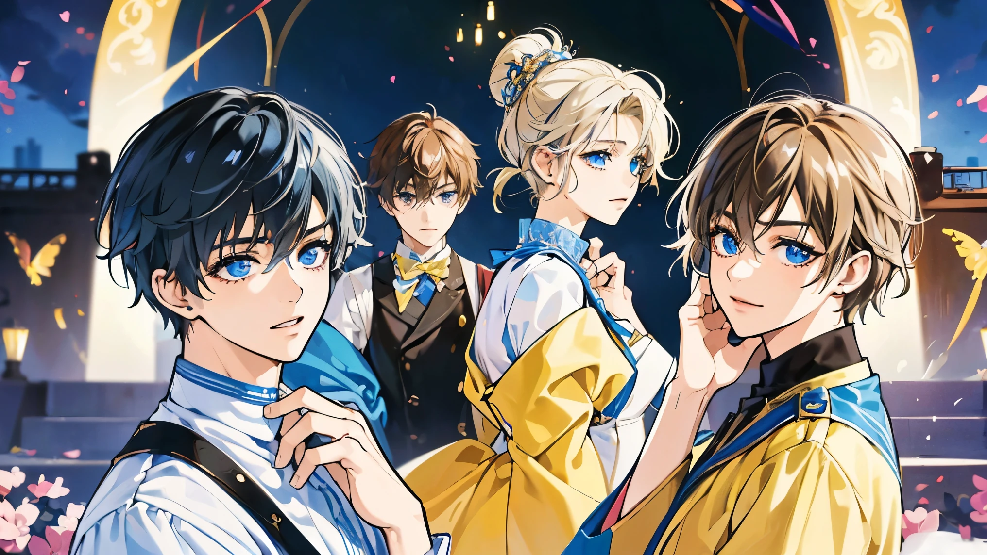 (8k, masterpiece:2.0, anime:1.6, realistic:1.4, best quality, ultra high resolution, ultra-detailed, beautiful illustration:1.6) Create a high-resolution anime-style illustration of a four-member male idol group. The image should feature four distinct attractive young men in their late teens or early twenties, each with unique hairstyles and colors. They should be wearing stylish, coordinated stage outfits that are colorful and eye-catching, without being overly complex. Position them in a dynamic, natural pose, as if they're performing on stage. Include vibrant but realistic lighting effects and a detailed background that enhances the idol atmosphere without overshadowing the main subjects. Ensure the image has crisp details, vivid yet harmonious colors, and a polished look typical of professional anime art. Maintain consistency in style and proportion for all characters.