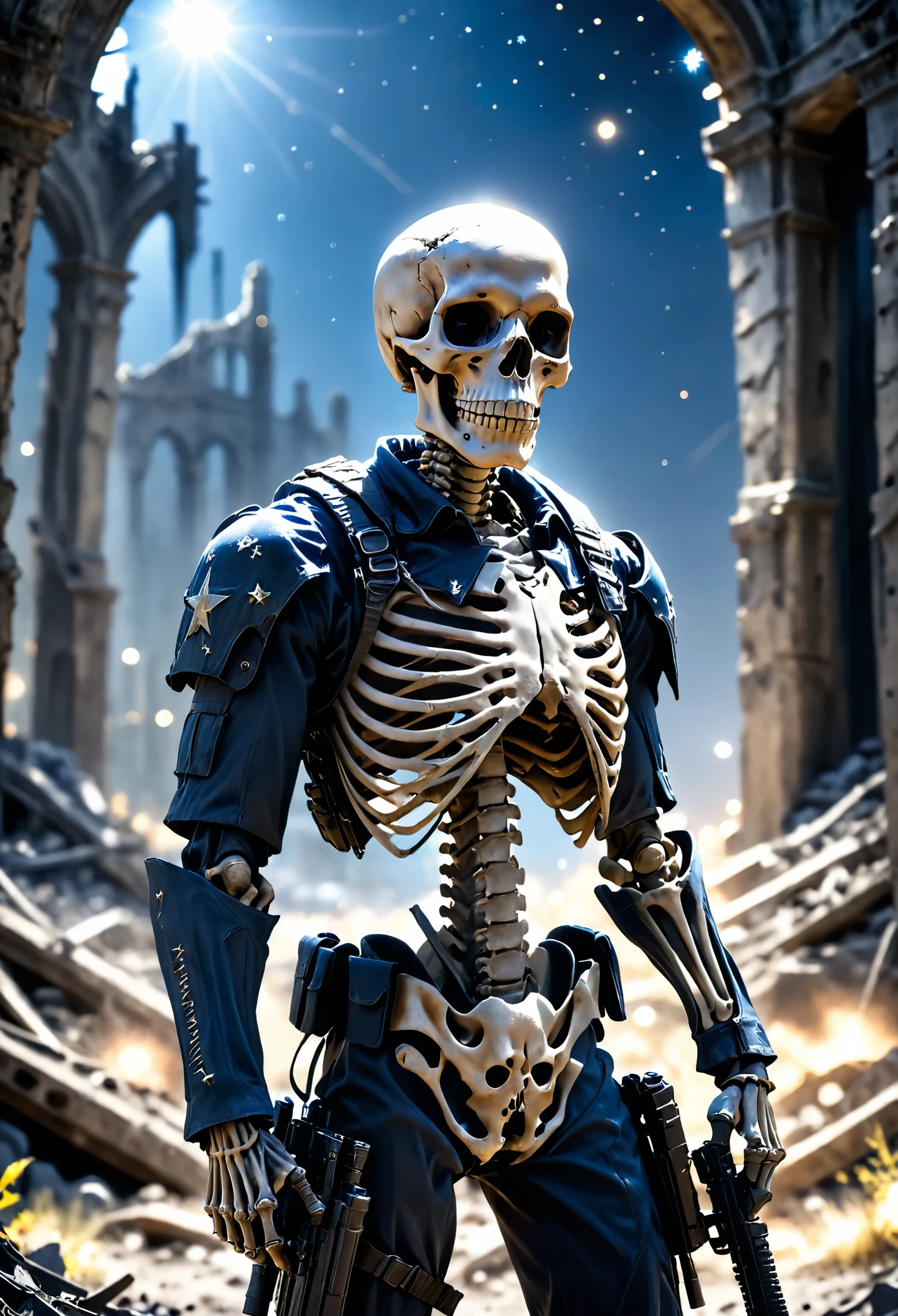 Photorealistic, skeleton soldier, (torn and decayed military outfit), dinamic pose, in the dead ruin city, realistic weapon, starry night, deep shadows, Kodak Porta 400, film grain, depth of field, the gaze is directed towards the viewer, bokeh, battlefield environment, noire, terrified atmosphere, Centered image, naturally pose, 8K resolution, faded colours